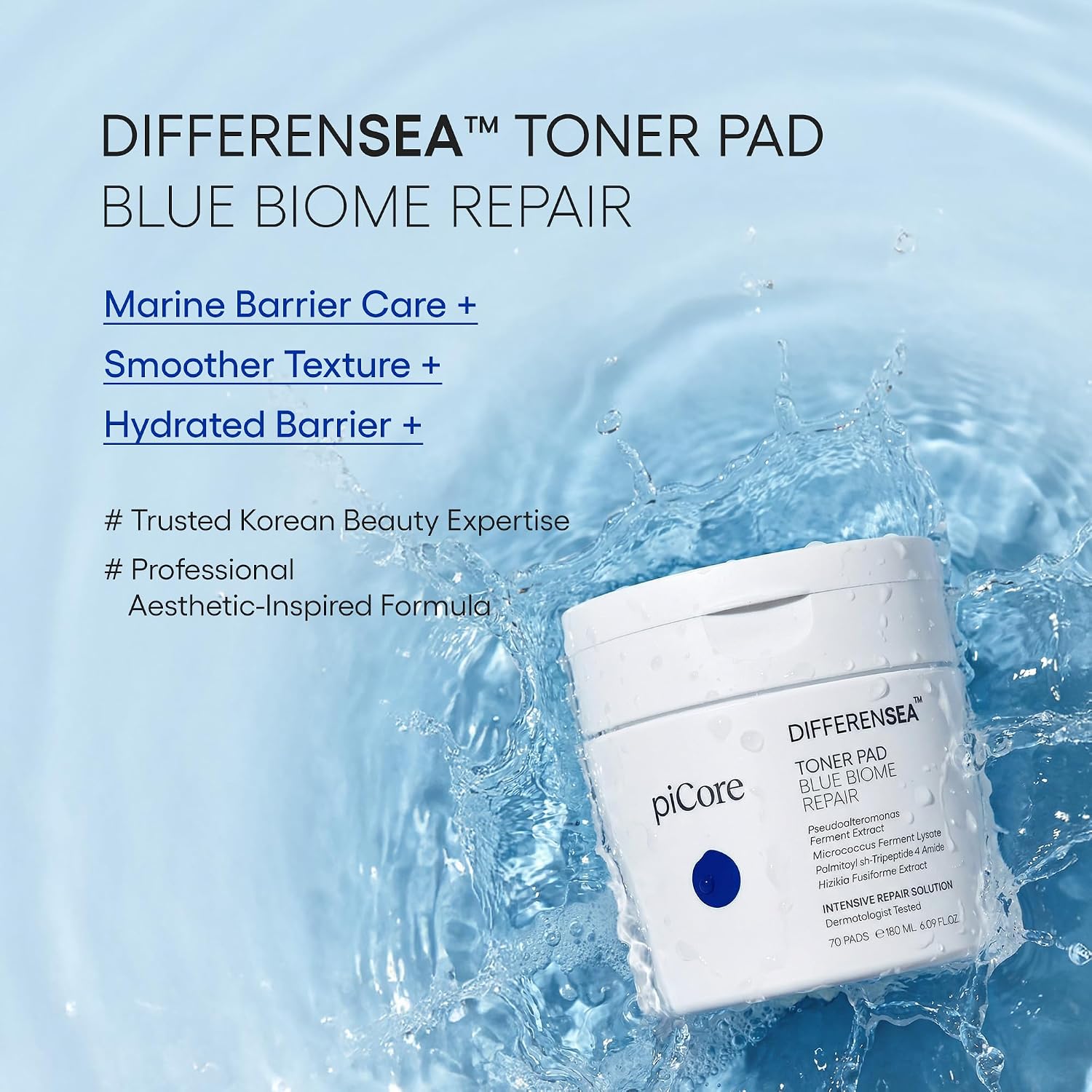 piCore DIFFERENSEA Toner Pad Blue Biome Repair, LHA Mild Acid Peel + Marine Microbiome Daily Exfoliating, 8-Type Hyaluronic Acid, Korean Skincare 70 Pads 6.09 fl oz