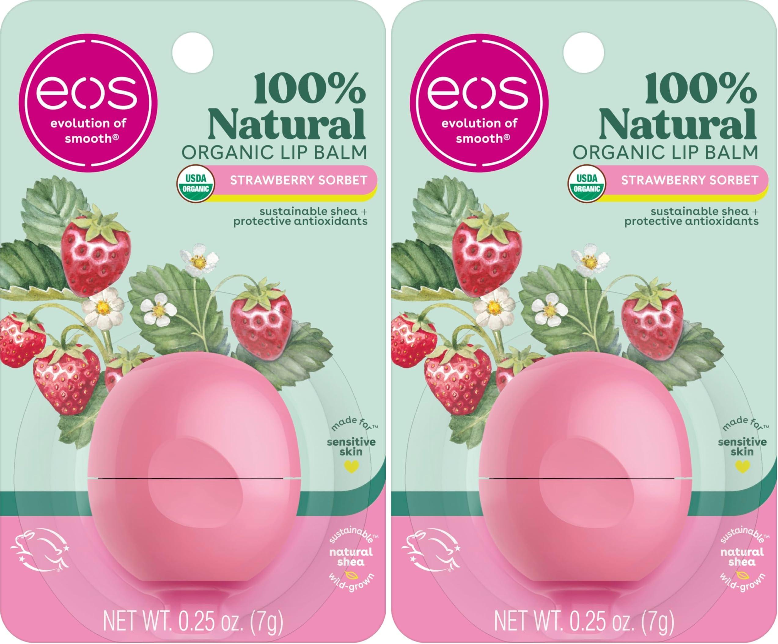 100% Natural & Organic Lip Balm- Strawberry Sorbet, All-Day Moisture, Dermatologist Recommended for Sensitive Skin, Lip Care Products, 0.25 oz (Pack of 2)