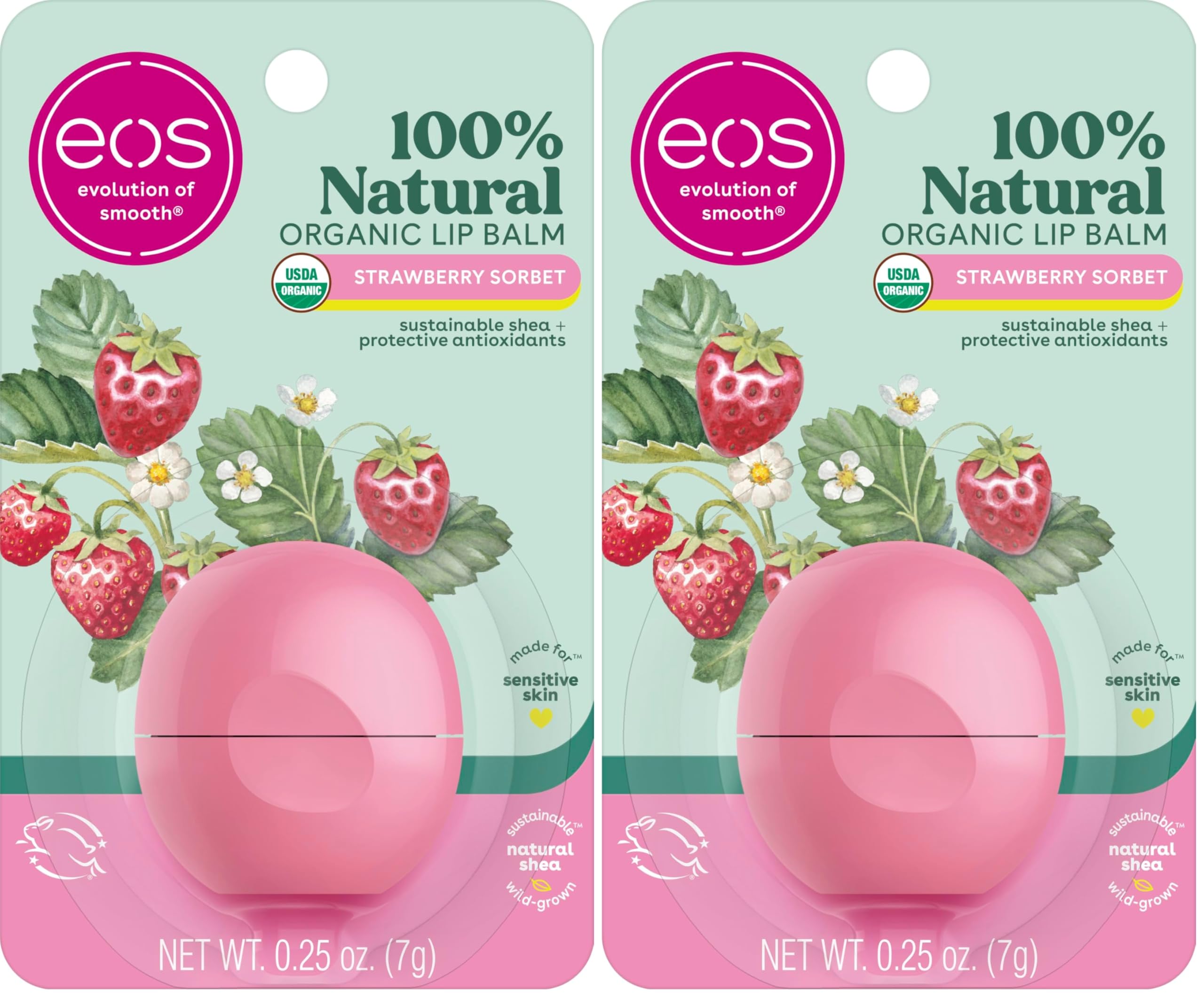 100% Natural & Organic Lip Balm- Strawberry Sorbet, All-Day Moisture, Dermatologist Recommended for Sensitive Skin, Lip Care Products, 0.25 oz (Pack of 2)
