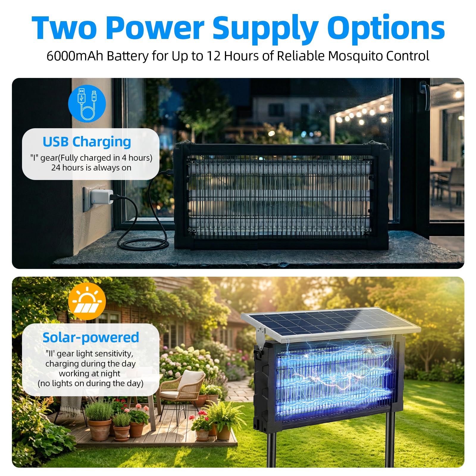 2026 - Eliminador solar de mosquitos al aire libre, solar 4500 V, impermeable, trampa eléctrica para moscas con sensor de panel y exterminador de insectos para interiores, para el hogar, patio