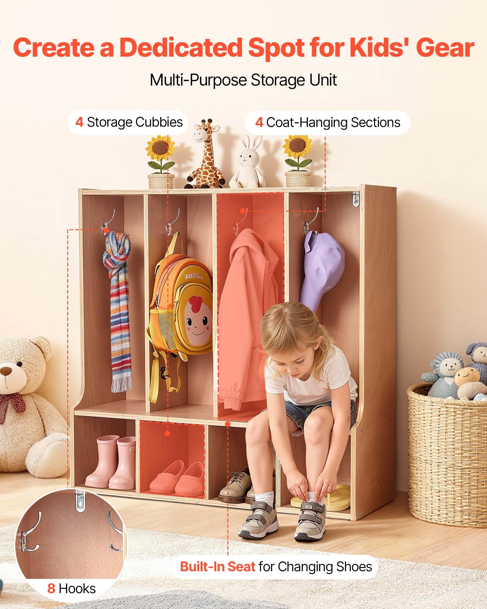 Condition photo showing New/Like New for vevor 4-section coat locker with bench, kids lockers with 8 hooks & non-slip mat, classroom cubbies for daycare, home, kindergarten- natural