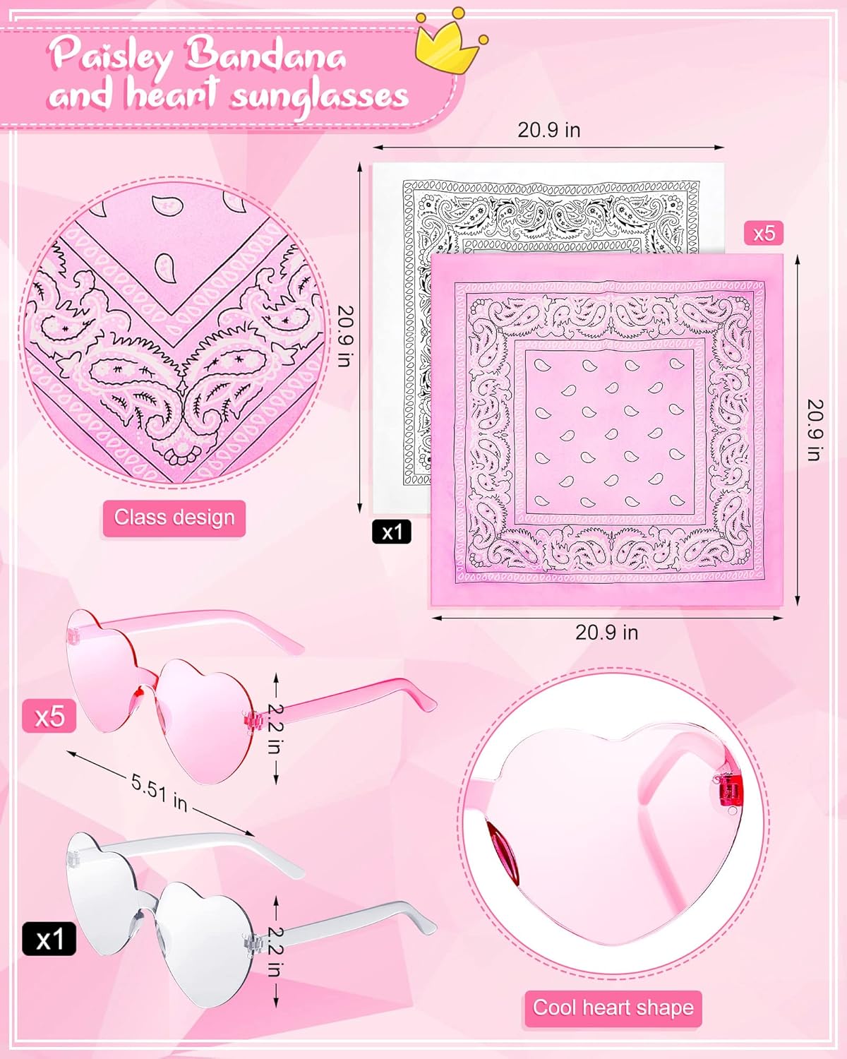 Jecery 18 Pieces Bachelorette Hats Set, Includes Bride Hat with Veil and 5 Pink Hats, 6 Heart Rimless Sunglasses, 6 White and Pink Bandana for Last Rodeo Bachelorette Party
