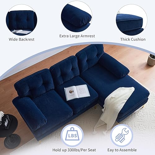 Miniatura 6 de Sofá modular convertible de terciopelo de 82 pulgadas en forma de L con diván de almacenamiento reversible, sofá cama extraíble con patas de metal