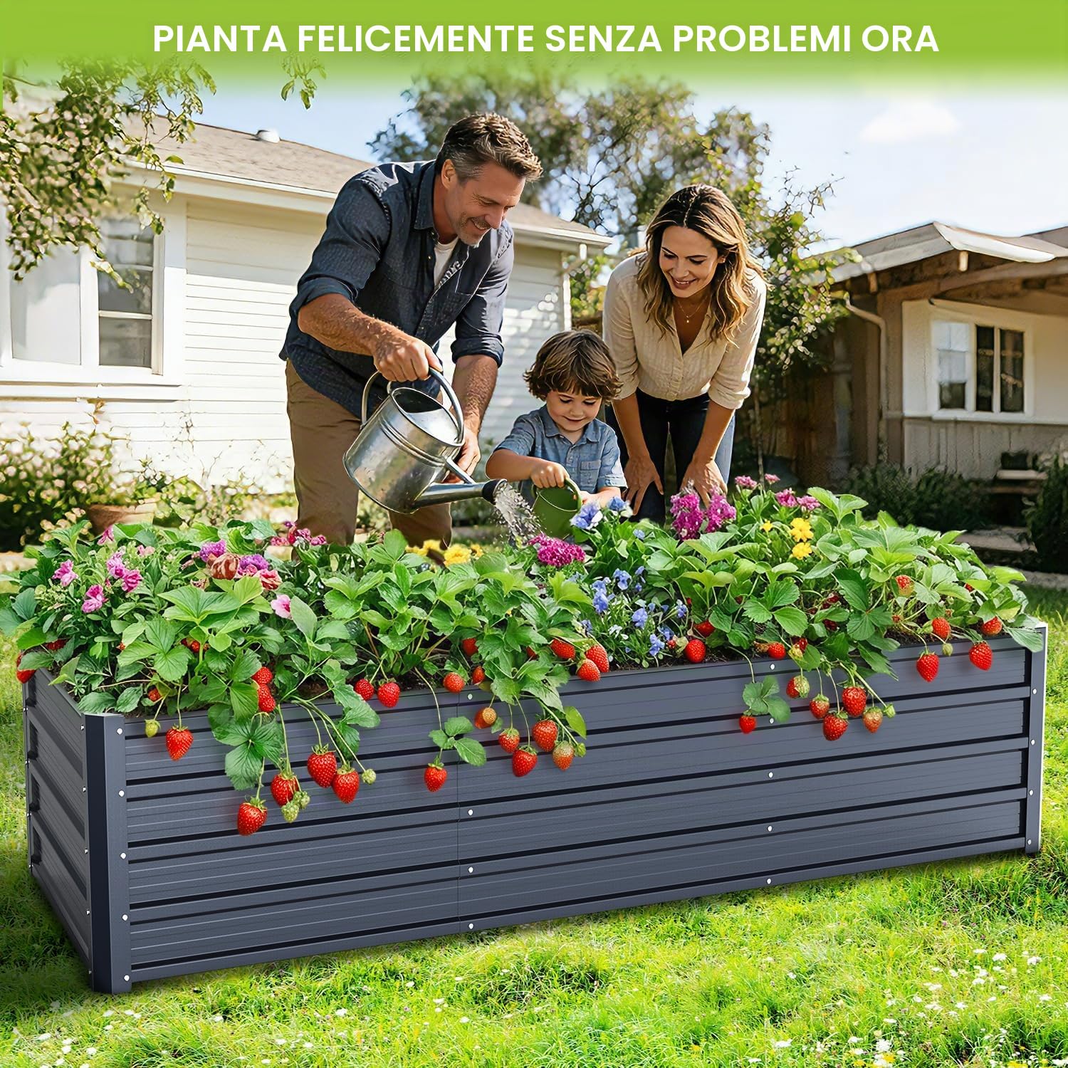 Ohuhu Fioriera Rialzata per Esterno, Cassetta da Giardino in Acciaio Rivestito Rinforzato 240x90x45 cm, Letto da Giardino in Metallo Rivestito Antiruggine per Verdure, Fiori e Sukkulent Grigio