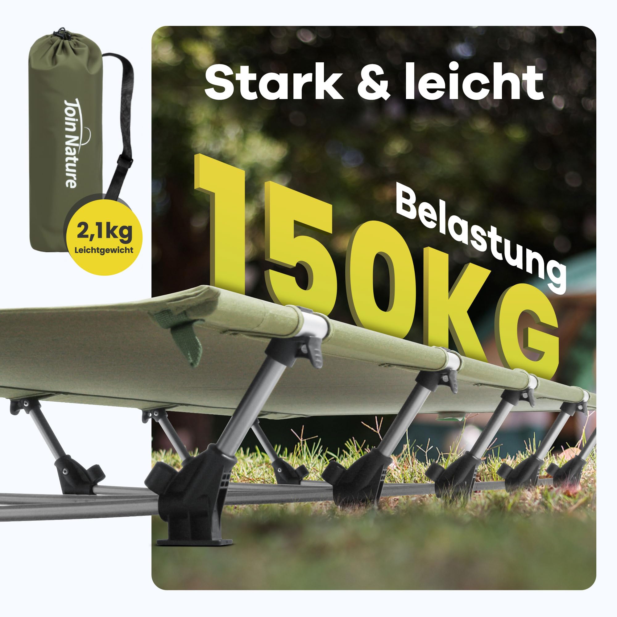 Join Nature Ultralekkie łóżko kempingowe, składane, dla dorosłych, przenośne łóżko polowe, składane łóżko polowe, obciążenie 150 kg, leżak kempingowy do namiotów, wędrówek i podróży z plecakiem