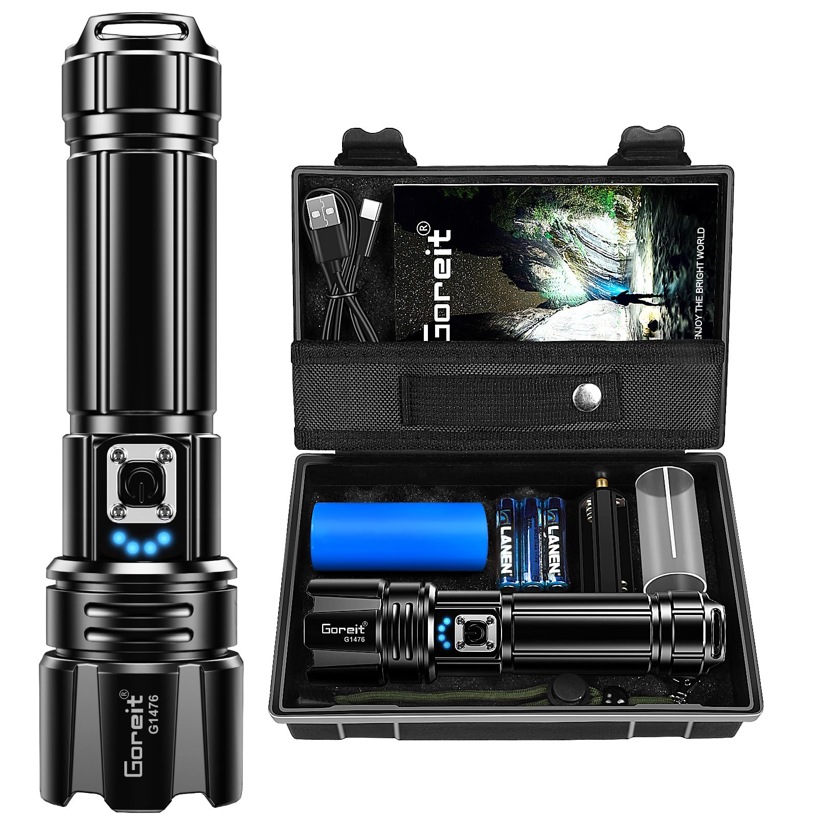 Goreit Flashlight High Lumens Rechargeable, 20000 Lumen Led Flashlights XHP70.2 USB Super Bright Flash Light Battery Powered, Powerful Handheld Flashlights for Emergencies Camping, IP67 Waterproof