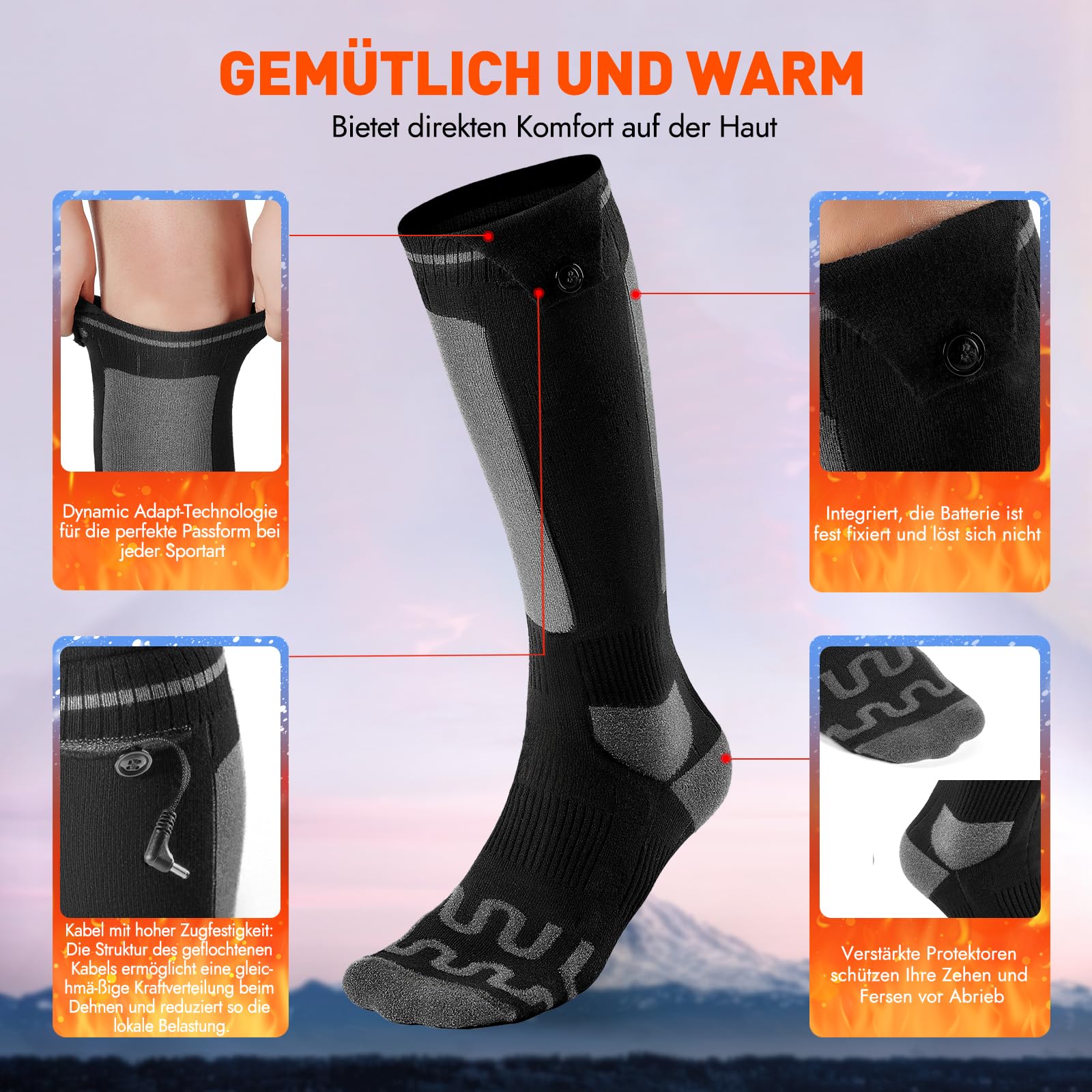 Beheizbare Socken, Beheizte Socken Damen Herren, die Lösung für kalte Zehen im Jahr 2024-5v 6000 mAh Wiederaufladbare Heizsocken für Skifahren, Outdoor, Camping, Wandern