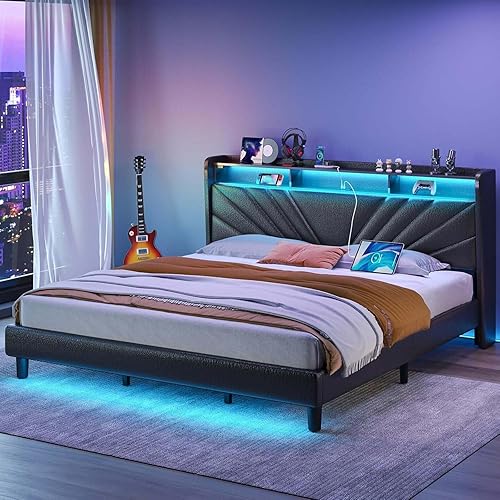 Miniatura 16 de Rolanstar Base de cama tamaño King, cabecera de almacenamiento con estación de carga y luces LED, cama tapizada con listones de madera resistentes,