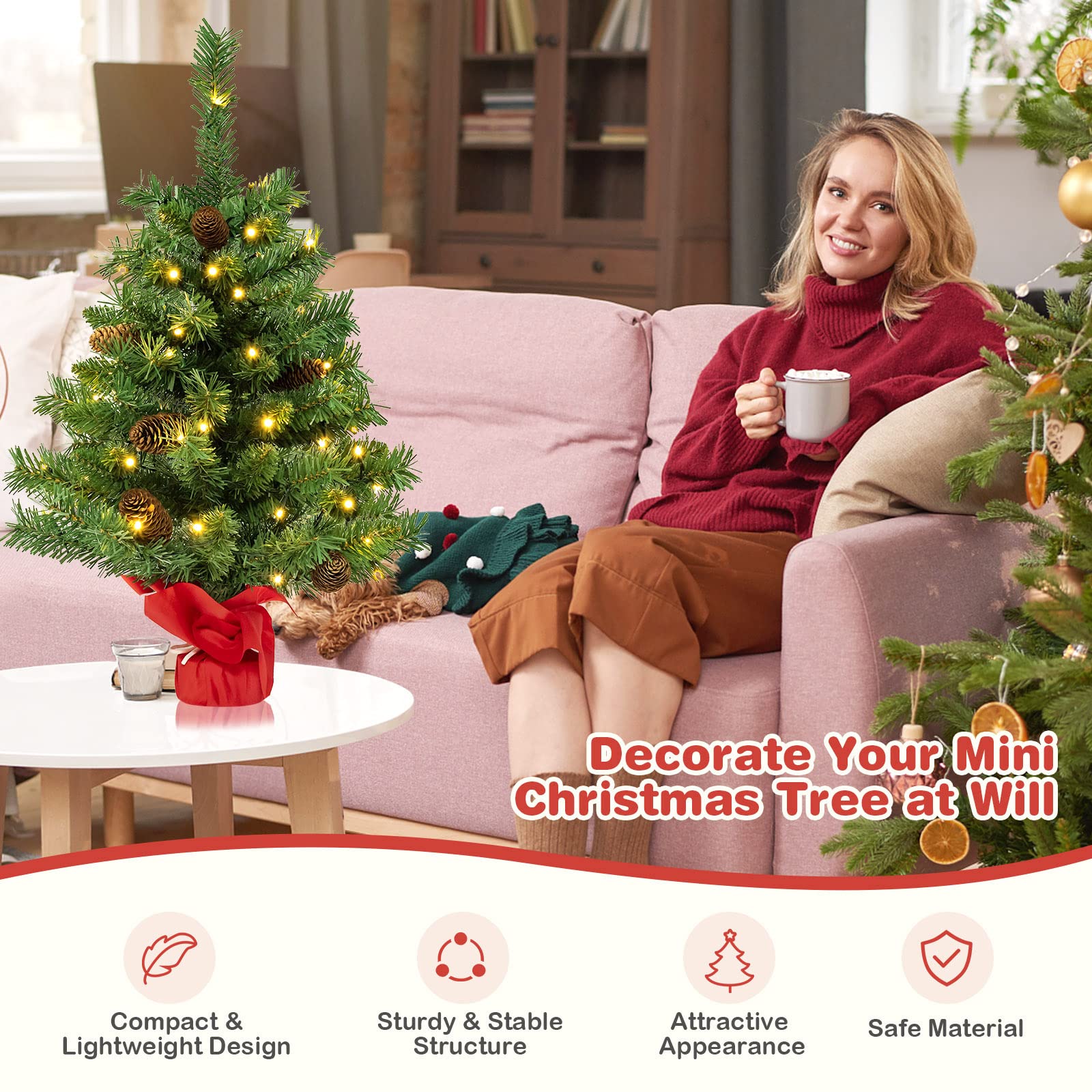 GOPLUS Mini Árbol de Navidad para Mesa y Oficina, Árbol de Pino Nevado Hecho de PVC, Decoración Navidad Interiores y Exteriores (64 cm, con piña)