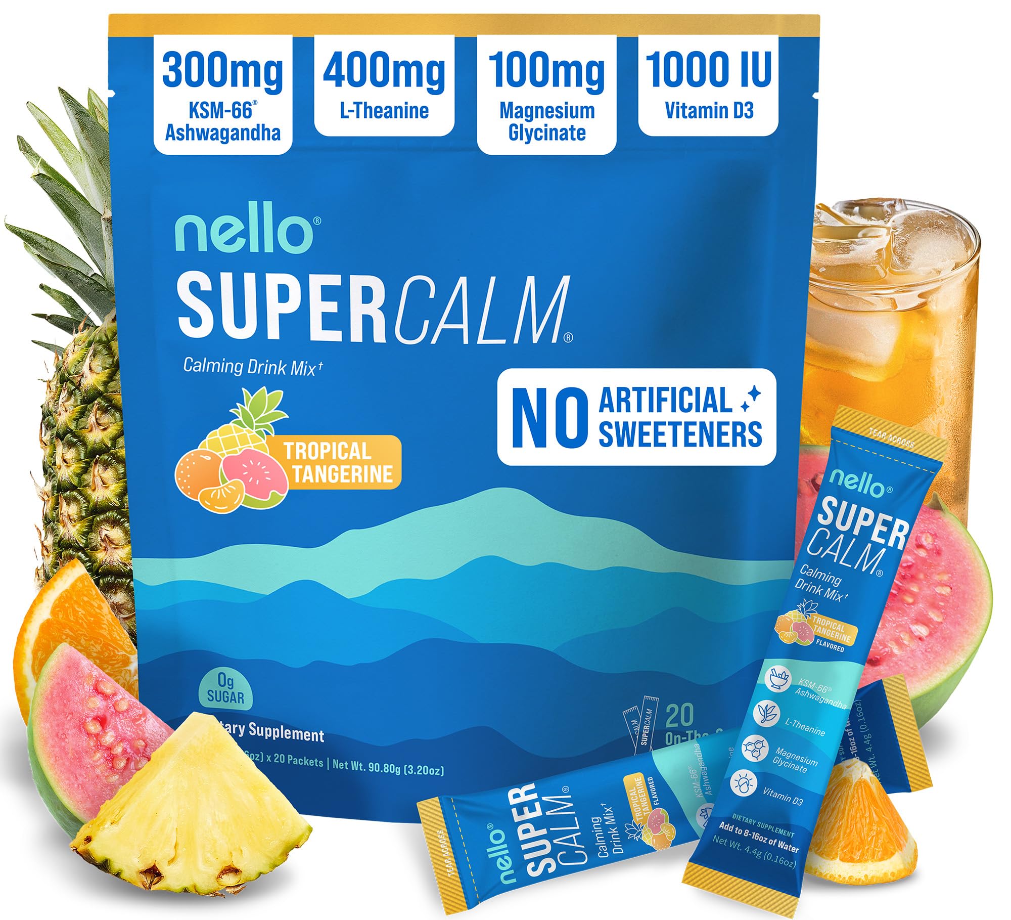 Nello Supercalm Powdered Drink Mix, Cortisol Reducer* and Sleep Aid Supplement, L Theanine, Ksm-66 Ashwagandha, Magnesium Glycinate, Vitamin D 3, No Sugar, Non GMO, 20 Ct, Tropical Tangerine