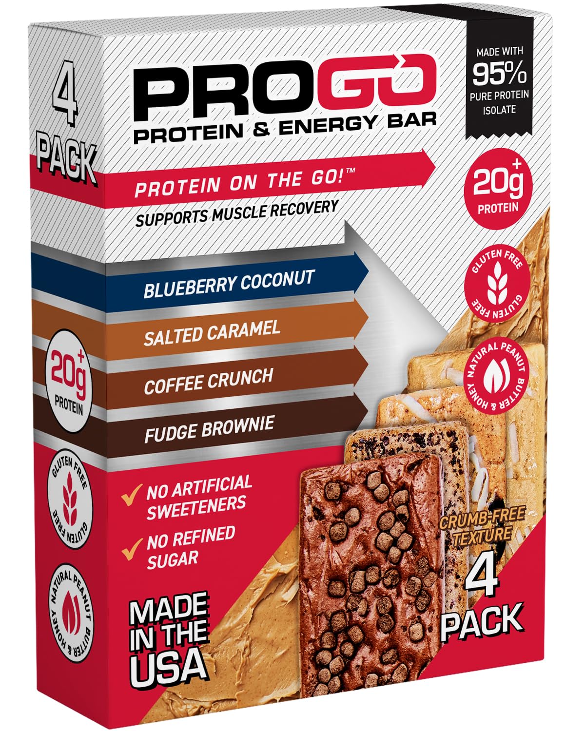 ProGo Protein Bars, Energy Bars - Up to 21g Clean Protein, Made with 95% Pure Isolate, Tallow, Collagen, Real Ingredients - Low Calorie, No Artificial Sweeteners (4-Count, Starter Pack)