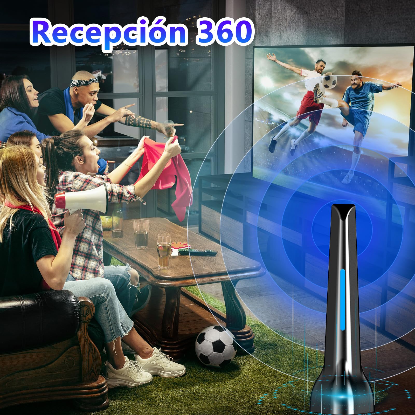 Antenne TV intérieure avec amplificateur réception 360° longue distance, antenne TV portable avec base magnétique, compatible avec 4K 1080P DTMB DVB-T2 DVB-T - Tous les téléviseurs