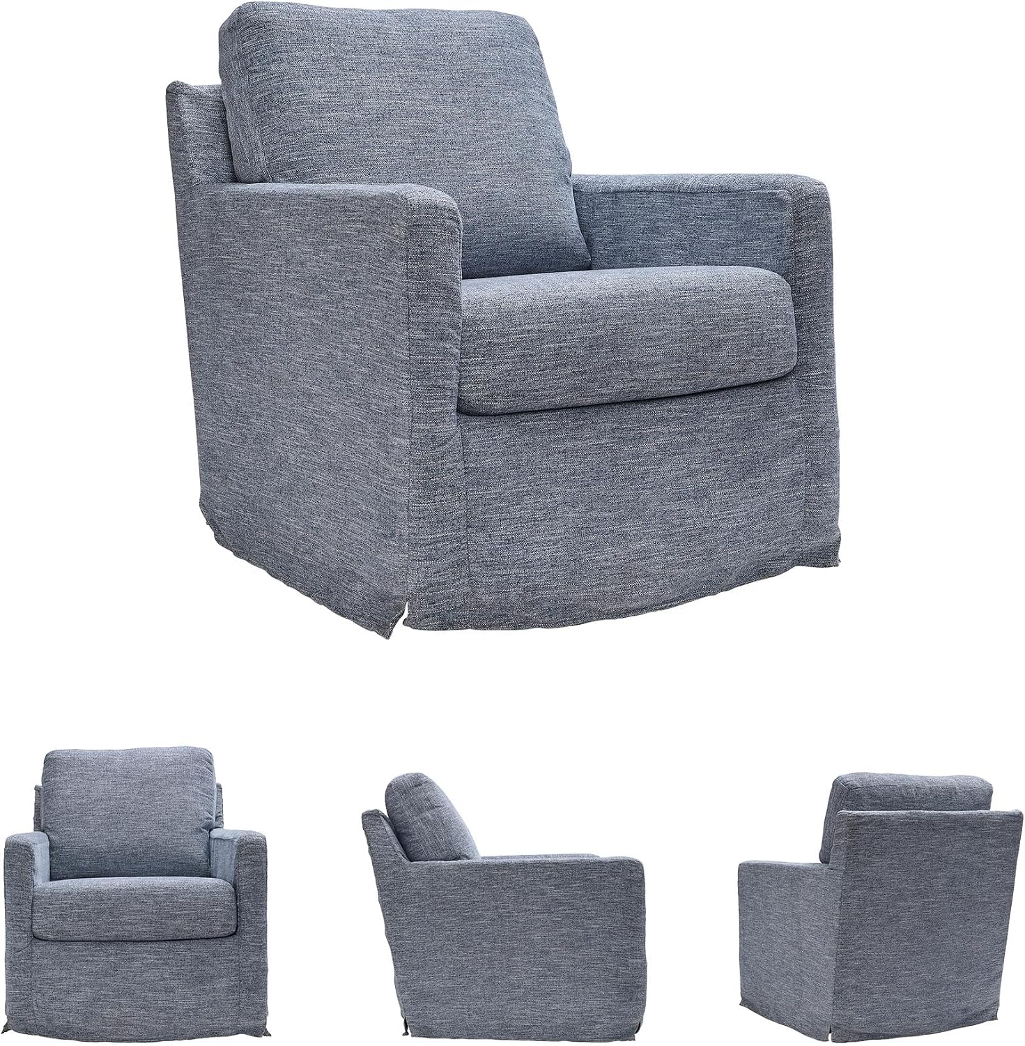 Bowery Hill Contemporary Polyester Swivel Glider Accent Chair, Denim Upholstery, 30"W x 37"D x 37"H, Metal Base, Reversible Cushions, Removable Covers, 360-Degree Swivel, Family Room or Living Room