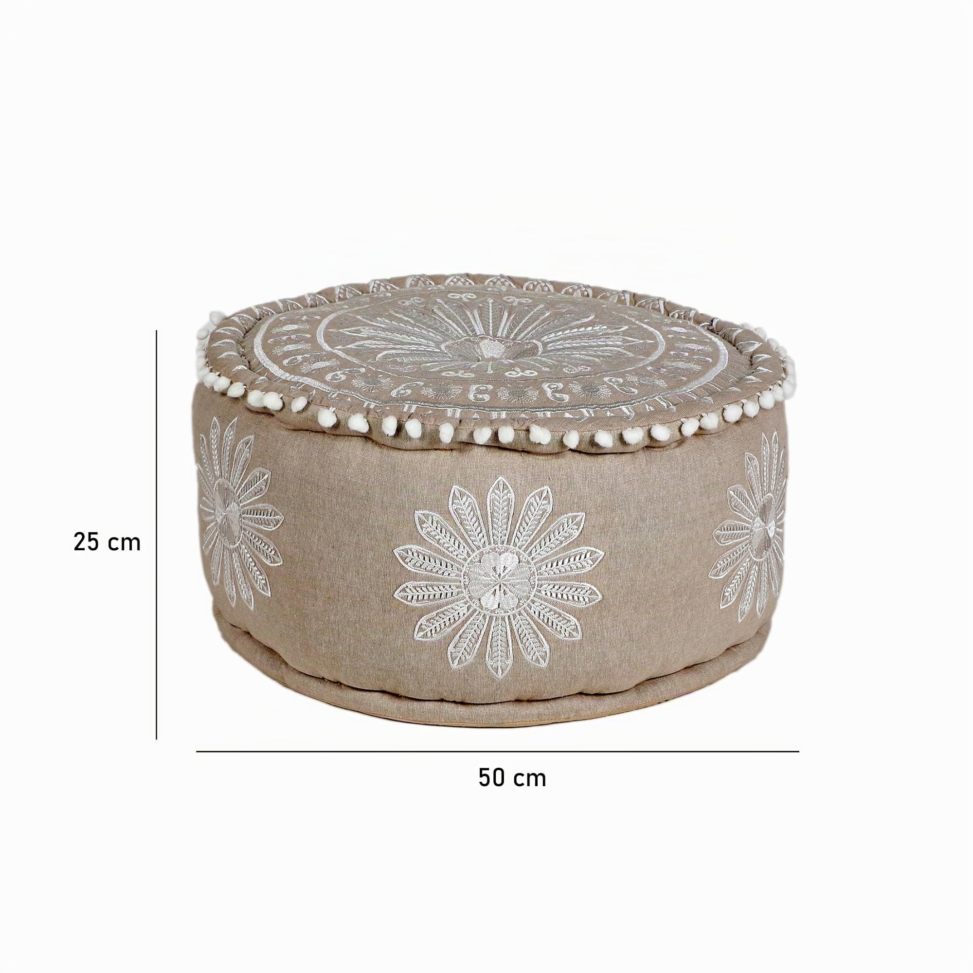 Boho Pouf Donia handgefertigt aus Baumwolle in Beige 50 cm handgemacht