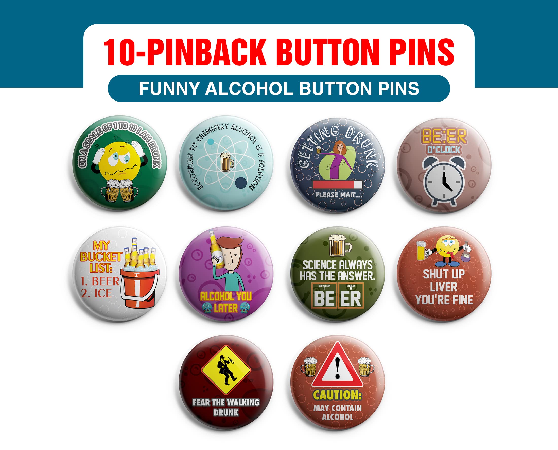 Amazon.com: Creanoso Funny Alcohol Button Pins (1-Set X 10 Buttons