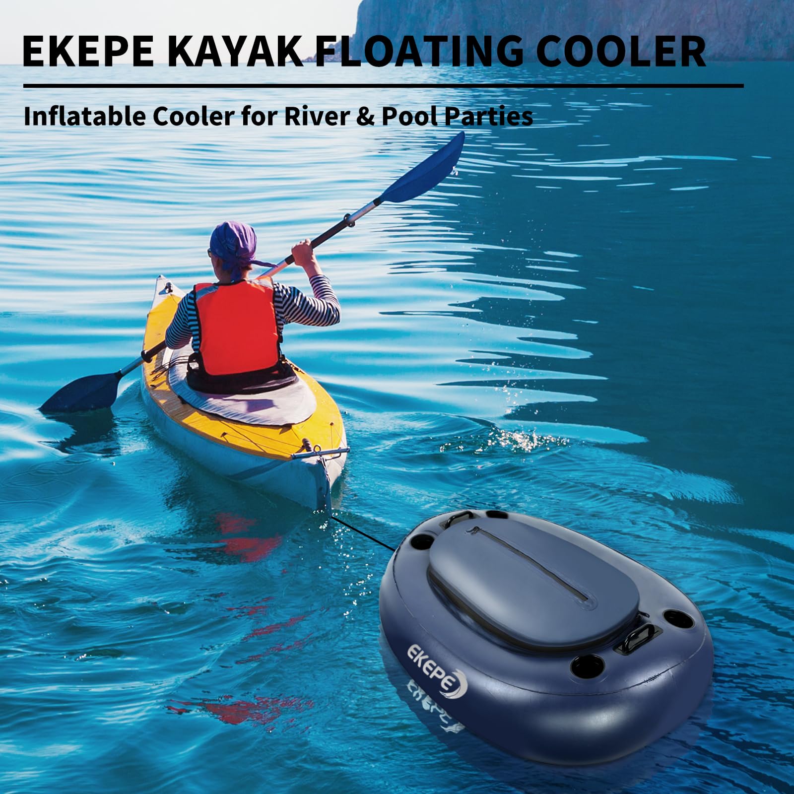 EKEPE Inflatable Kayak Floating Cooler, 40 QT - River Cooler Float with Tow Rope for Kayaking & Boating, Heavy Duty PVC Dry Storage Vessel Built in Four Cup Holder for Outdoor Enthusiasts