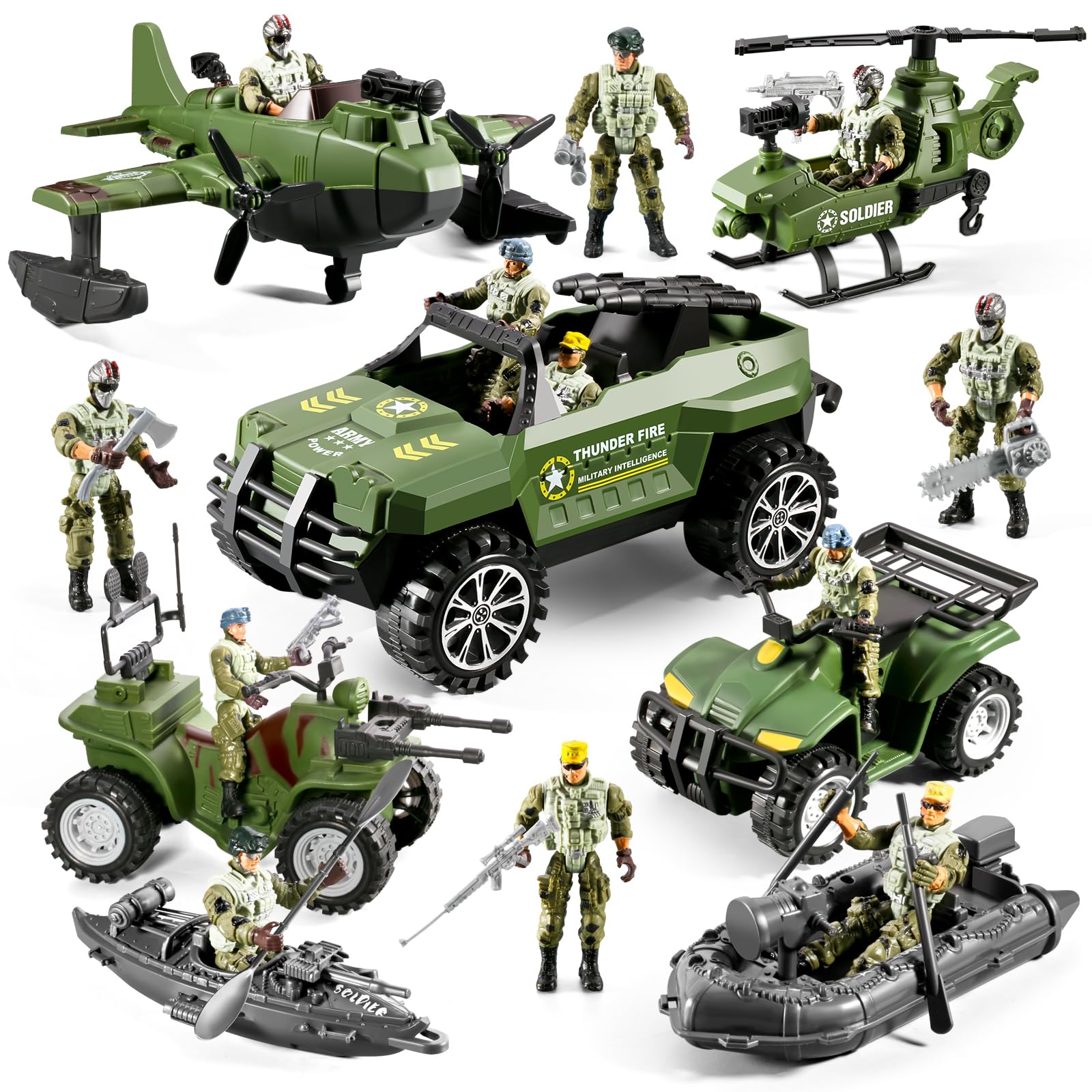 78-in-1 Army Men Toys Sets with Realistic Military Truck/Helicopter/Kayak Boat/Motorcycle/Army Men Action Figures/Weapon Gears, Army Toys Gift for Boys Kids 4-7 6-8 8-14 Fun Birthday Party Favors