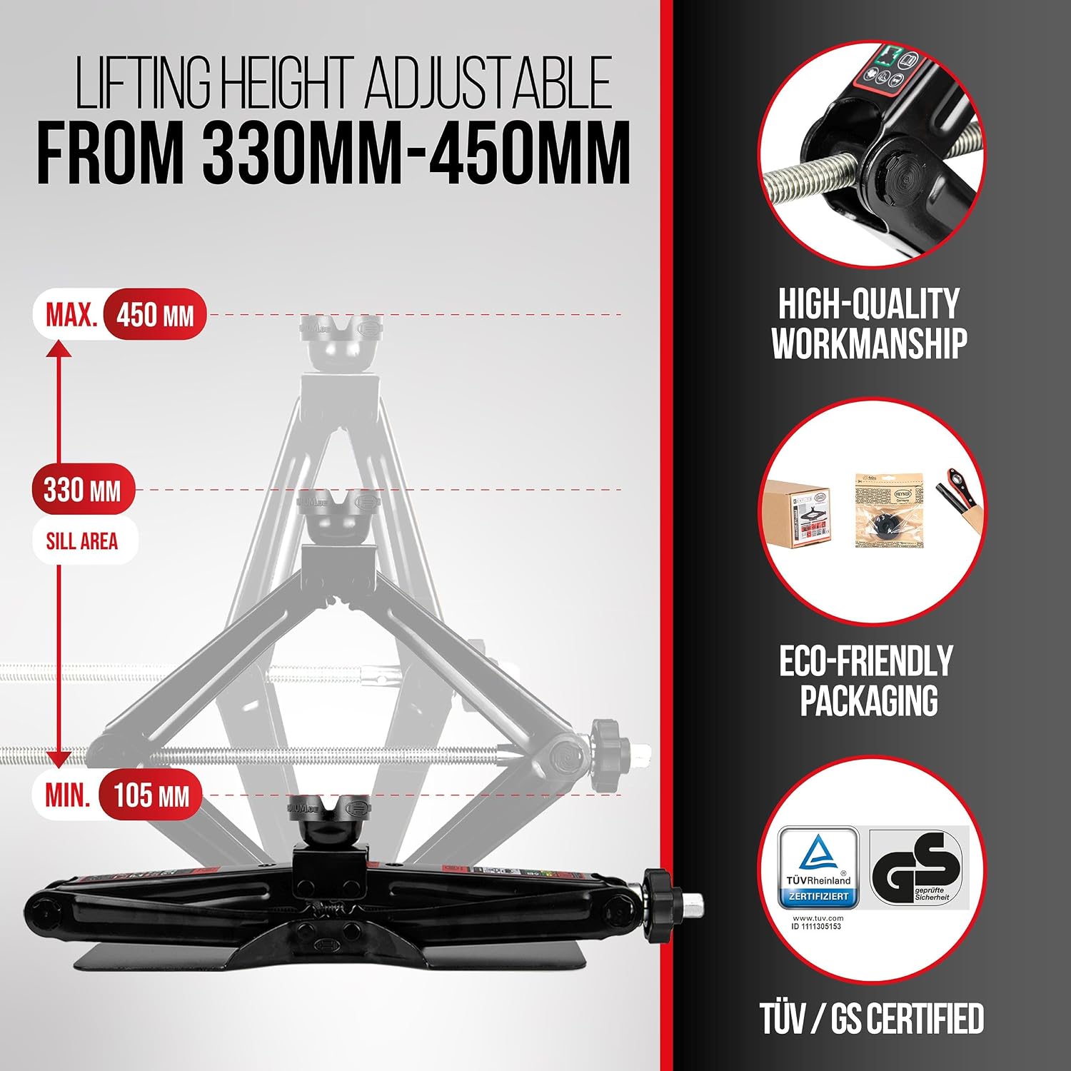 HEYNER Premium Multifit Scissor Jack Cars, SUVs, Vans – Complete Lifting Kit with Accessories Speed Ratchet Extension Bar Interchangable Rubber Pad Carry Bag (2 Tons 347230) image 2
