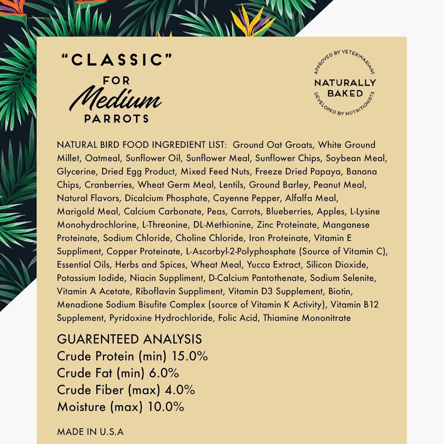 Oven Fresh Bites Natural Baked Avian Diet, All-Natural Bird Food, Whole Grain, Medium Parrot, 15 Lb