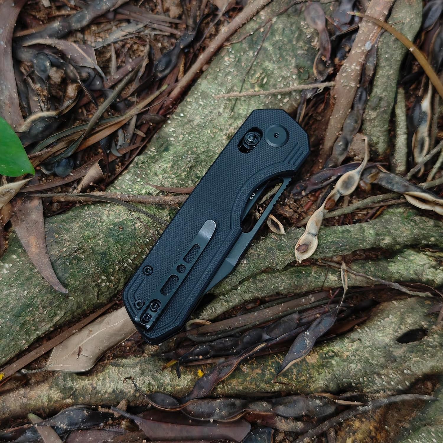 Folding Pocket Knife with Reversible Clip: D2 Steel Black Drop Point Blade, Crossbar Axis Lock, G10 Handle Scales, EDC Camping Knives for Man Women E039, Black