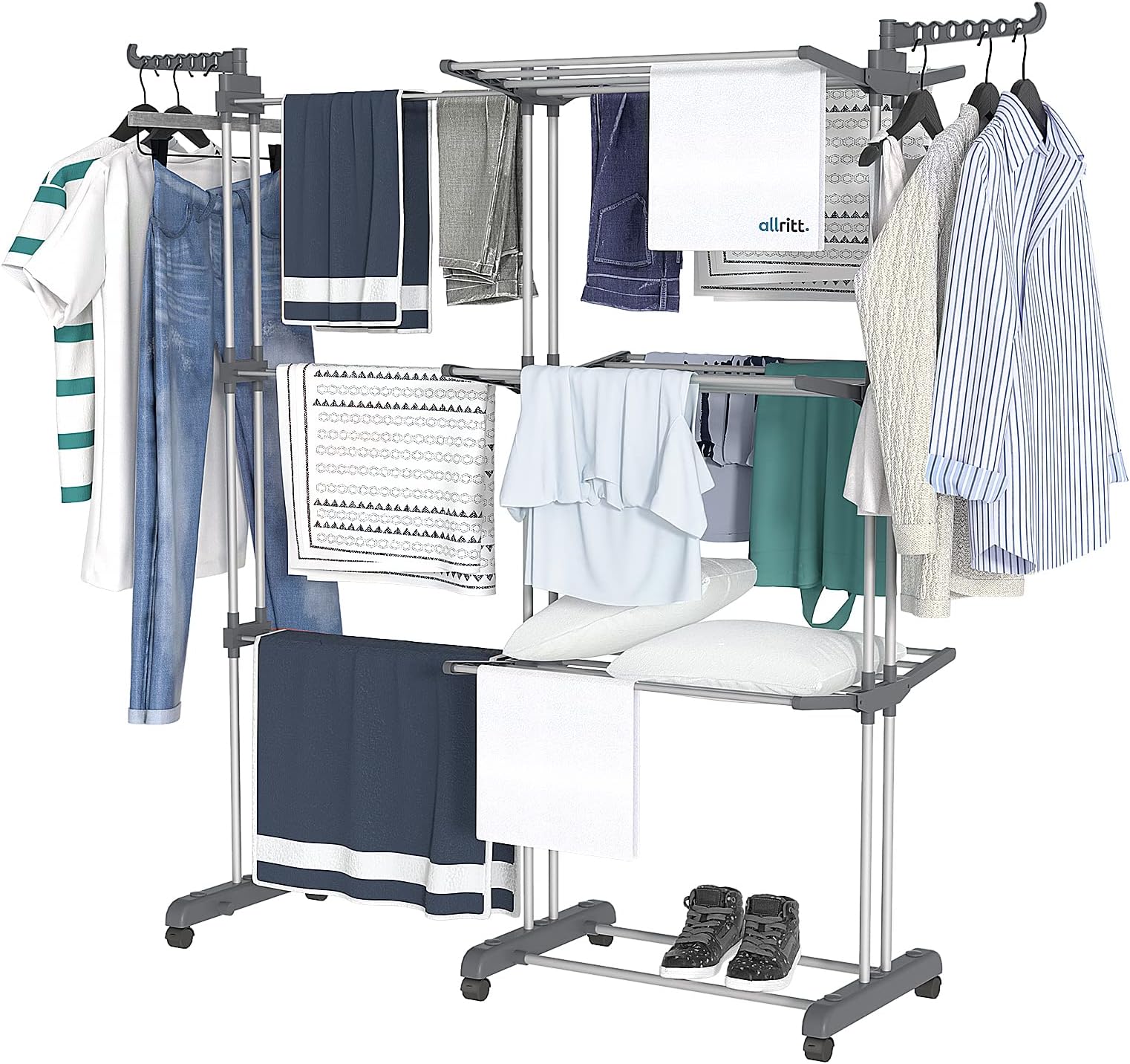 Airer Clothes Flodable Clothes Drying Rack 4 Tiers Large Laundry Rack with Wheels for Indoor Outdoor Use