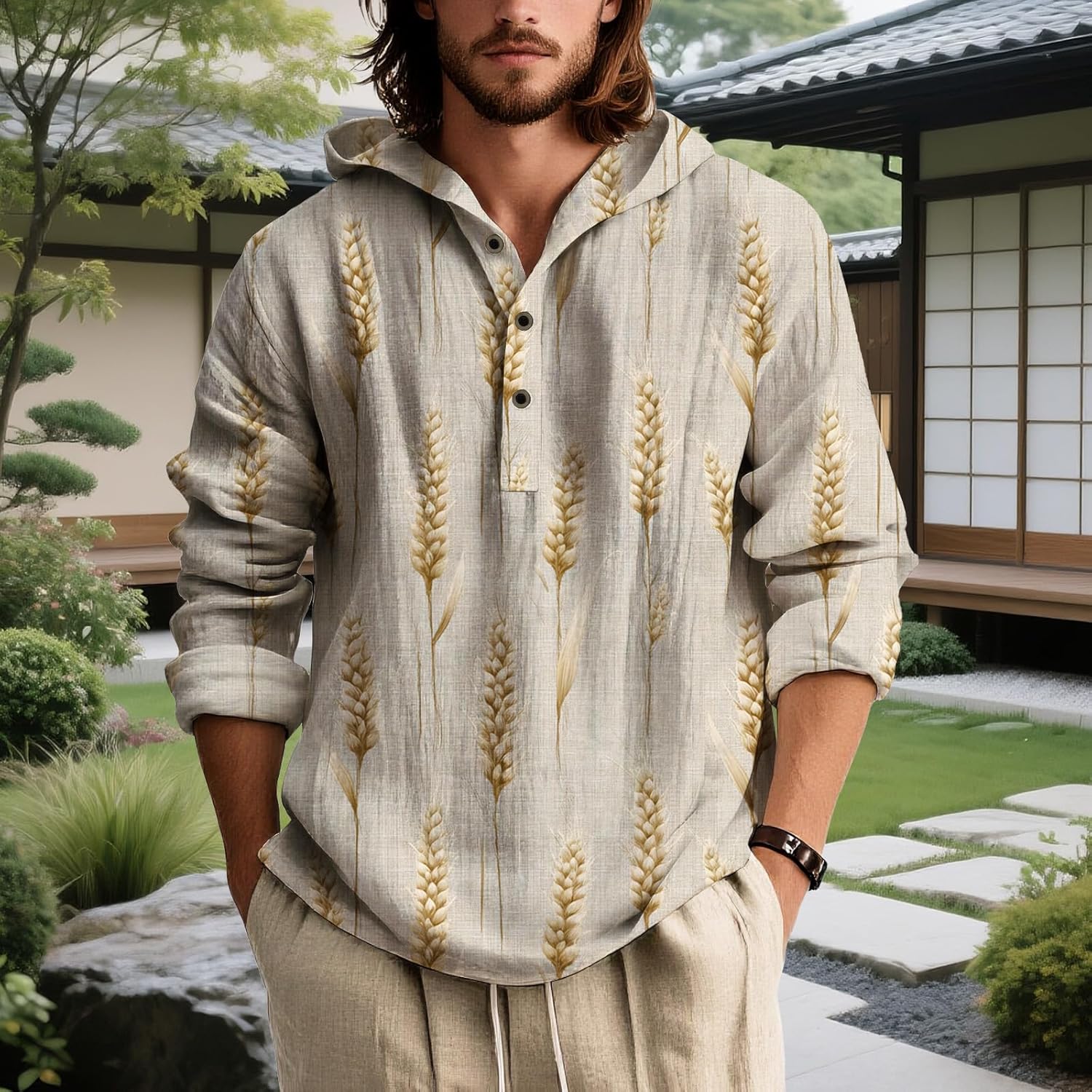 Mens Hooded Floral Button Down Shirt Long Sleeve Lightweight Relaxed Fit Nature Inspired Top for Spring - Image 4