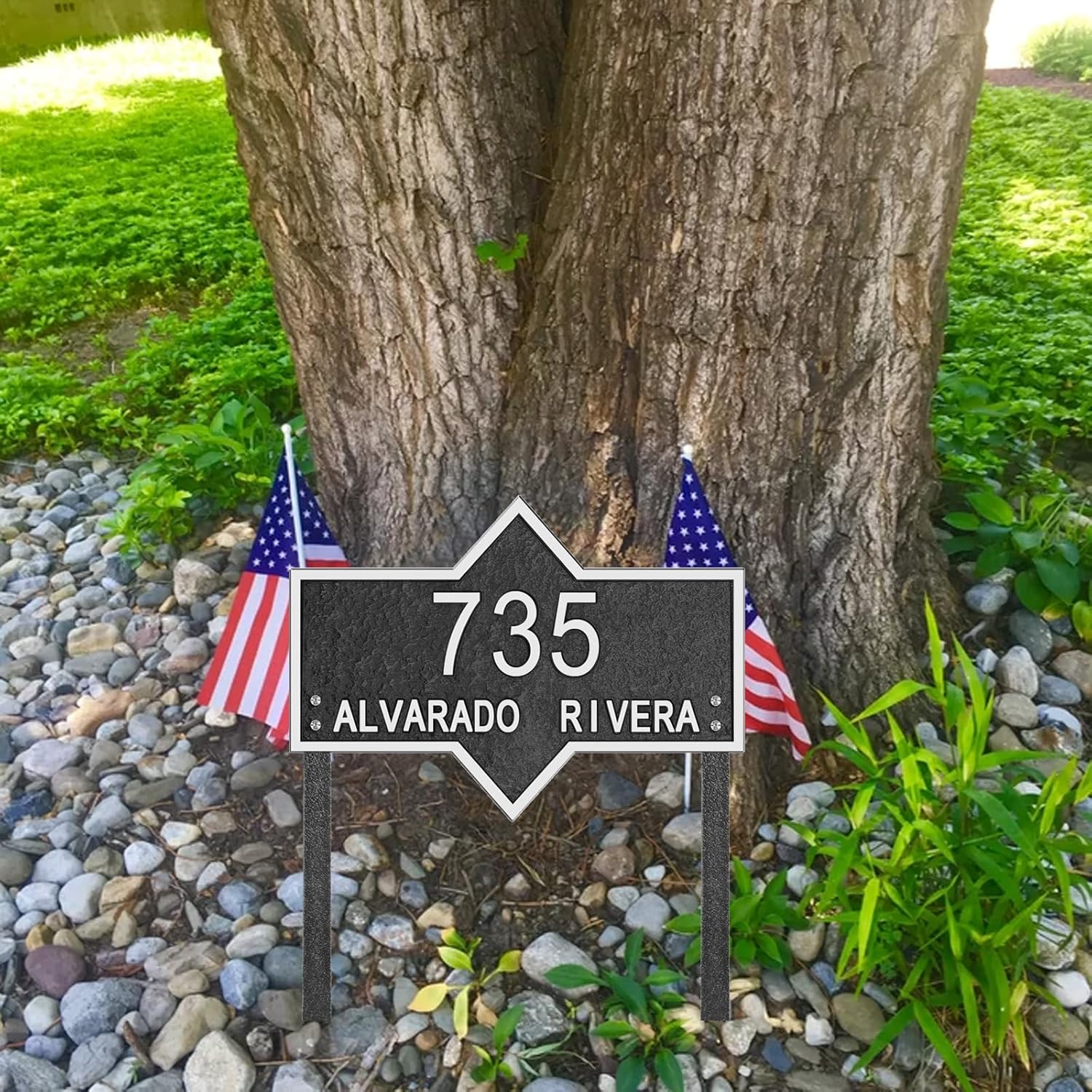 Address Sign LAWN MOUNTED - Personalized House Number Sign Plaque,Metal Address Plaque,House Address Numbers for Outside House Lawn Insert,Yard,Ground,Garden,Drive Way Free Standing with Stakes(Silver)