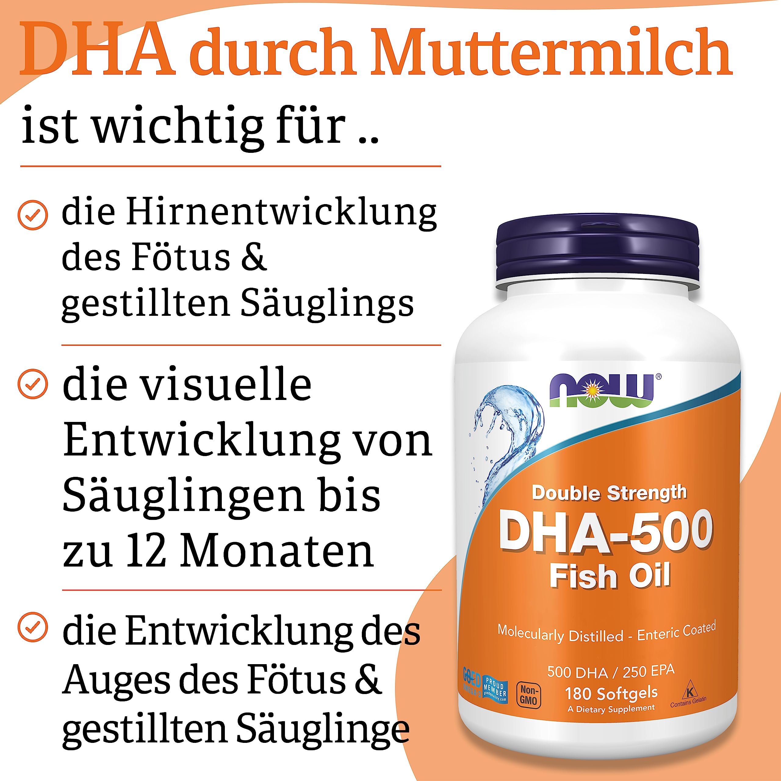 Now Foods, DHA-500, Doppelte Stärke, 180 Weichkapseln, Laborgeprüft, Fischöl, EPA, Vitamin E, Glutenfrei, Ohne Gentechnik