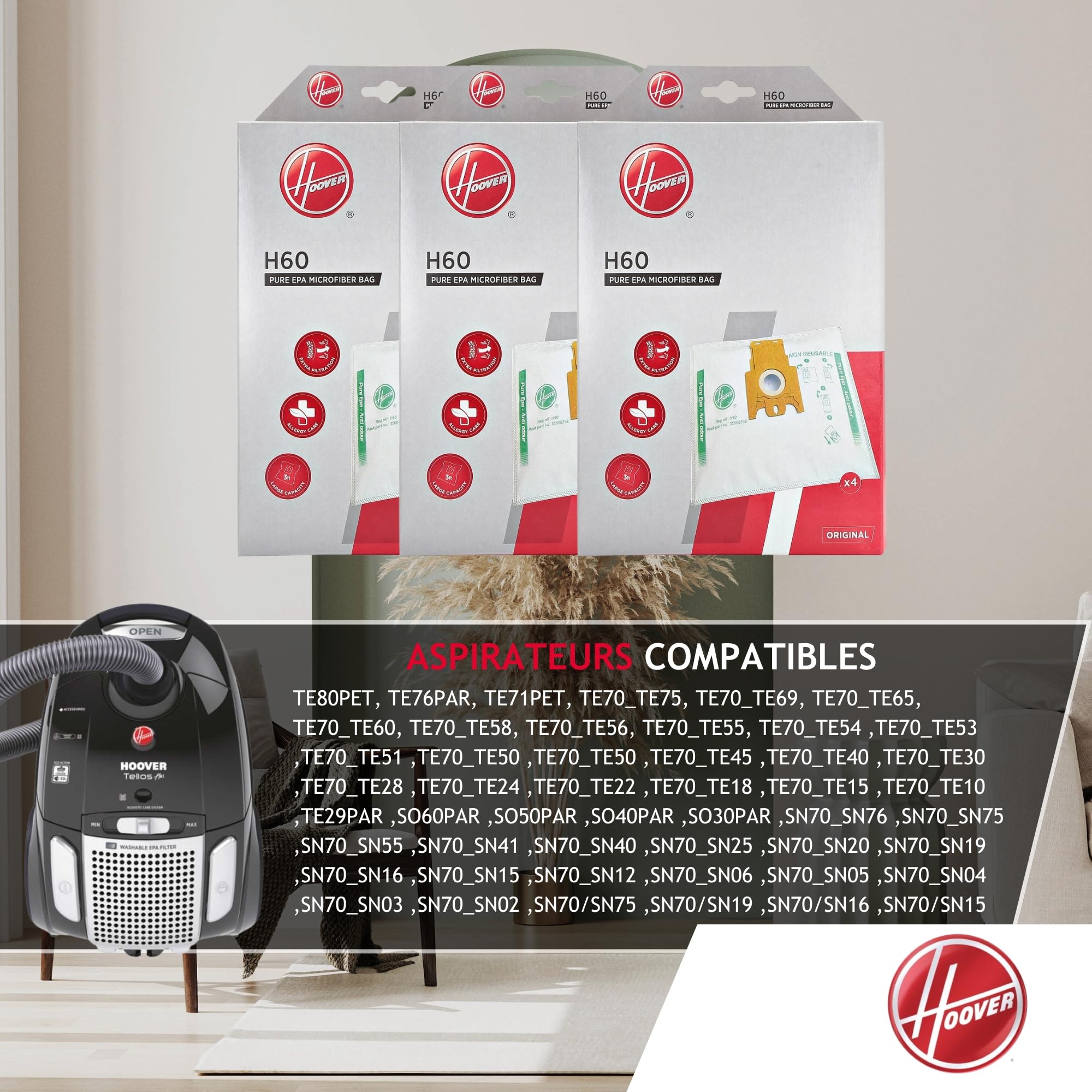Hoover H60 3 Paquets de 4 Sacs d’origine en Microfibre Pur EPA, système anti-odeurs aux charbons actifs, compatibles avec les aspirateurs traîneaux Hoover