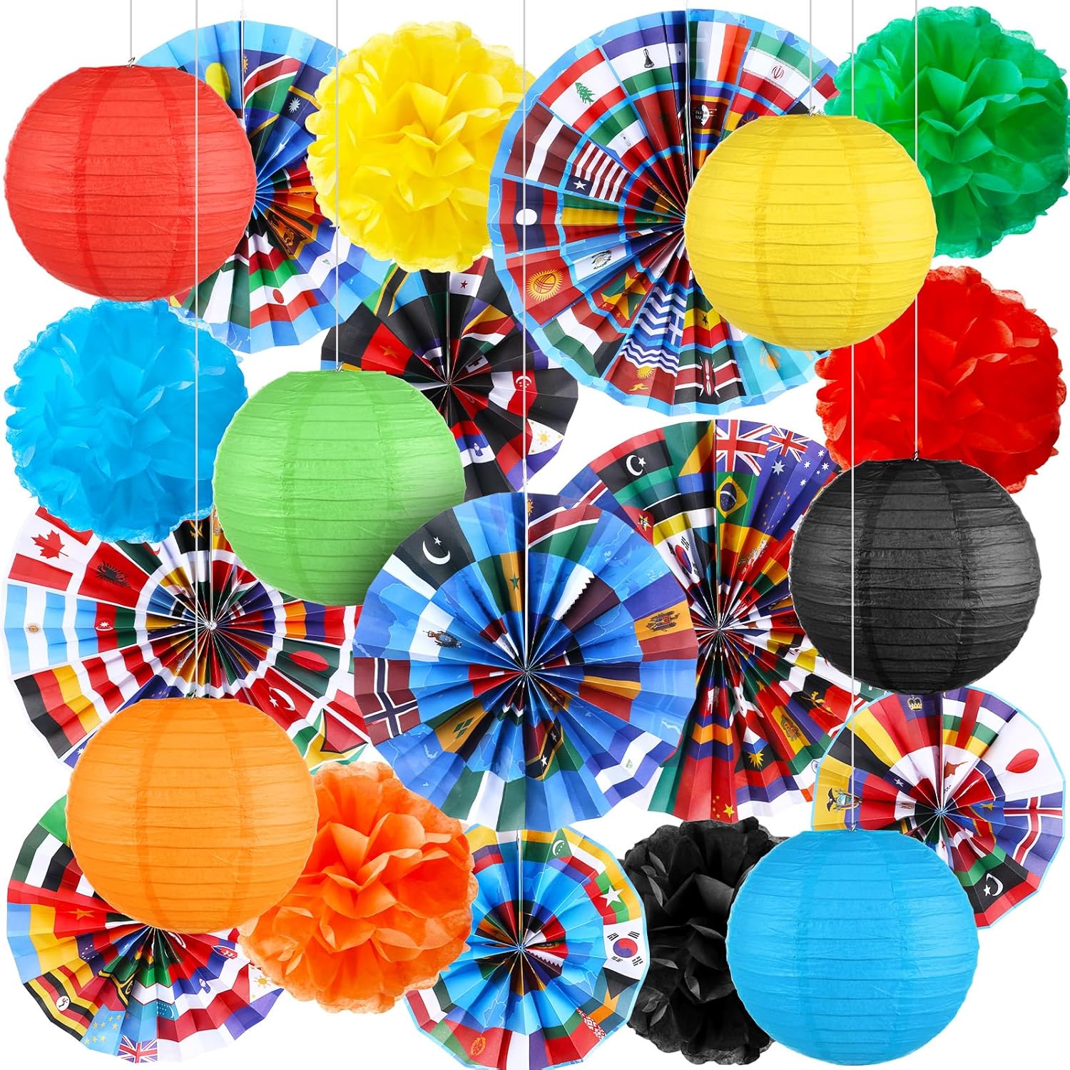 Outus International Flags Hanging Decorations Around The World Paper Fans Country World Flags Tissue Pom Poms Nations Paper Lanterns for Sports Event Back to School Classroom Ceiling Wall Decor