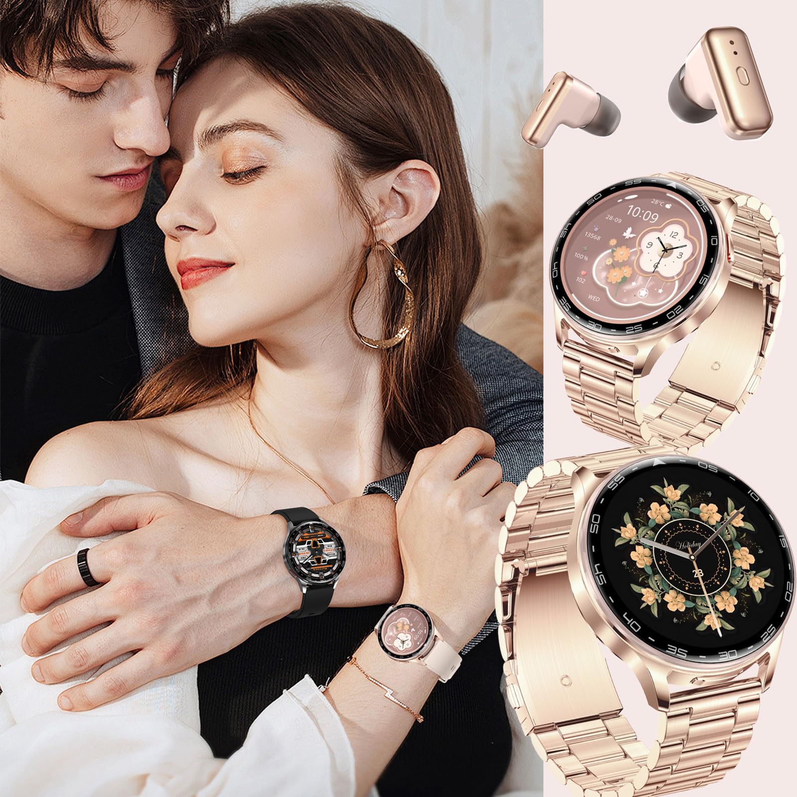 Smartwatch Bluetooth Kopfhörer Innovatives 2-in-1 Design Fitness Tracker 1.39 Zoll Bildschirm Touchscreen Kabelloses Headset mit Schrittzähler Herzfrequenz Schlafmonitor IP67 Wasserdicht Gold