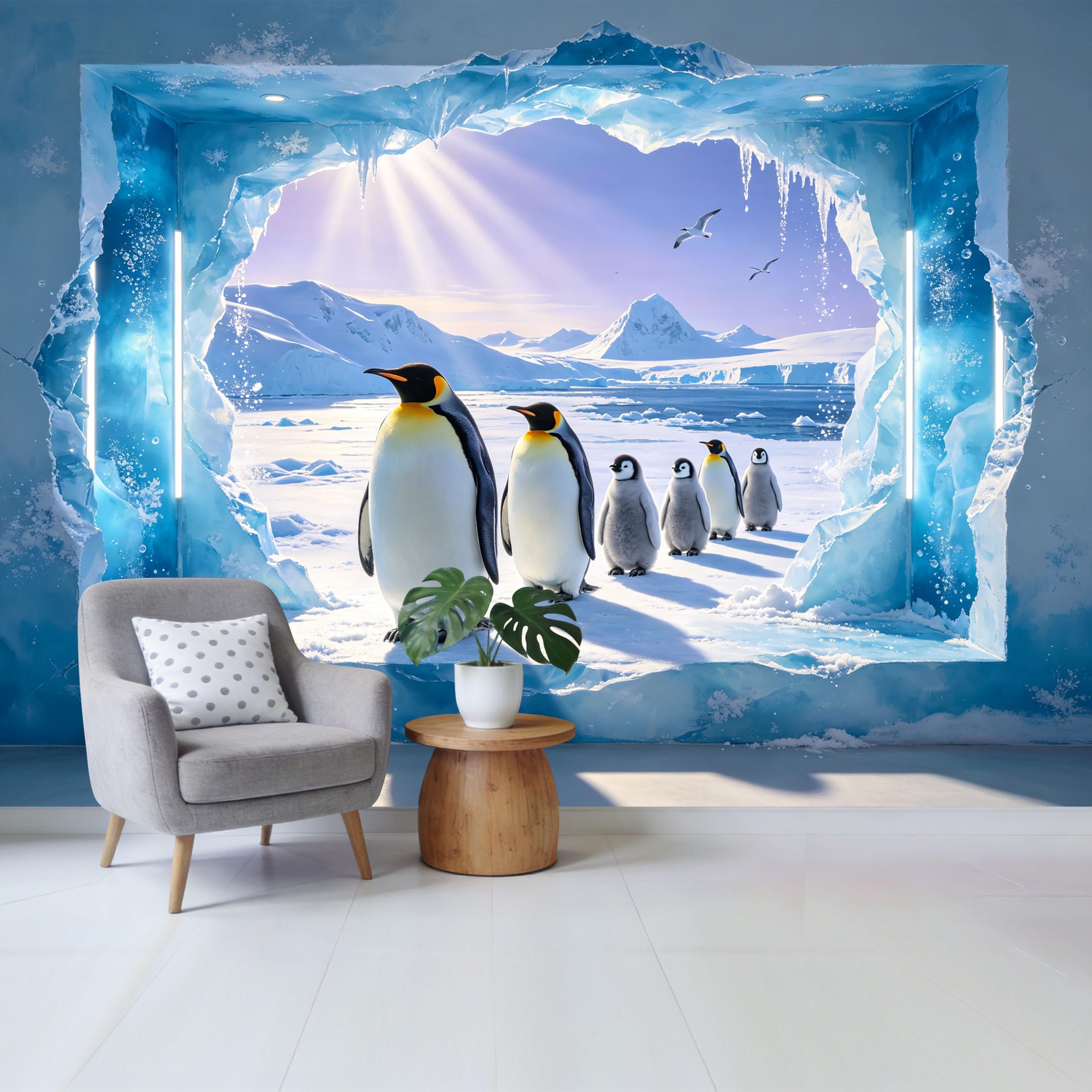 Custom Size Wall Mural Arctic Penguin Family Ice Cave 3D Trompe L'Oeil Ocean Landscape Removable Self Adhesive Fabric Home Wall Decor for Living Room Bedroom Bathroom