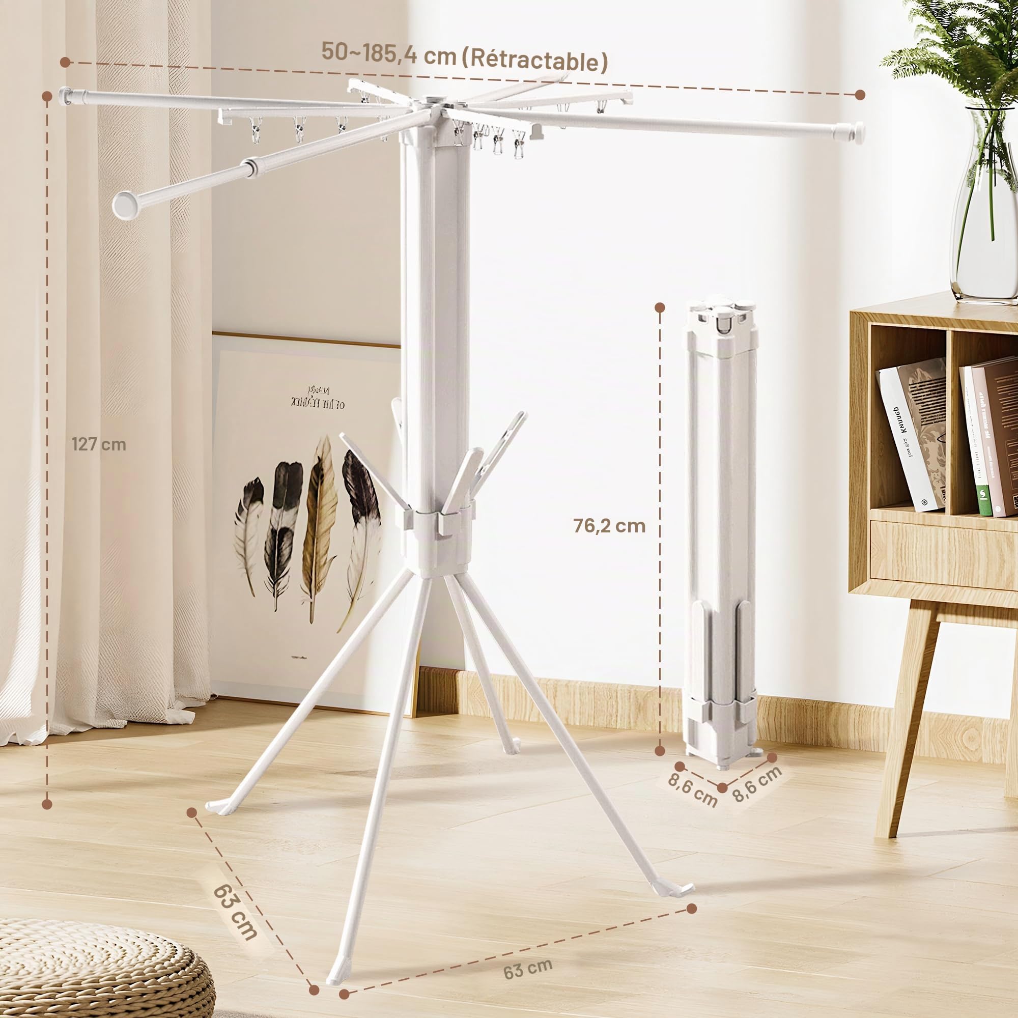 Étendoir à Linge sur Pied 4 Pieds, Pliable et Gain de Place, séchoir avec Pinces à Chaussettes et 4 Supports pour Chaussures, étendoir Robuste pour intérieur et extérieu