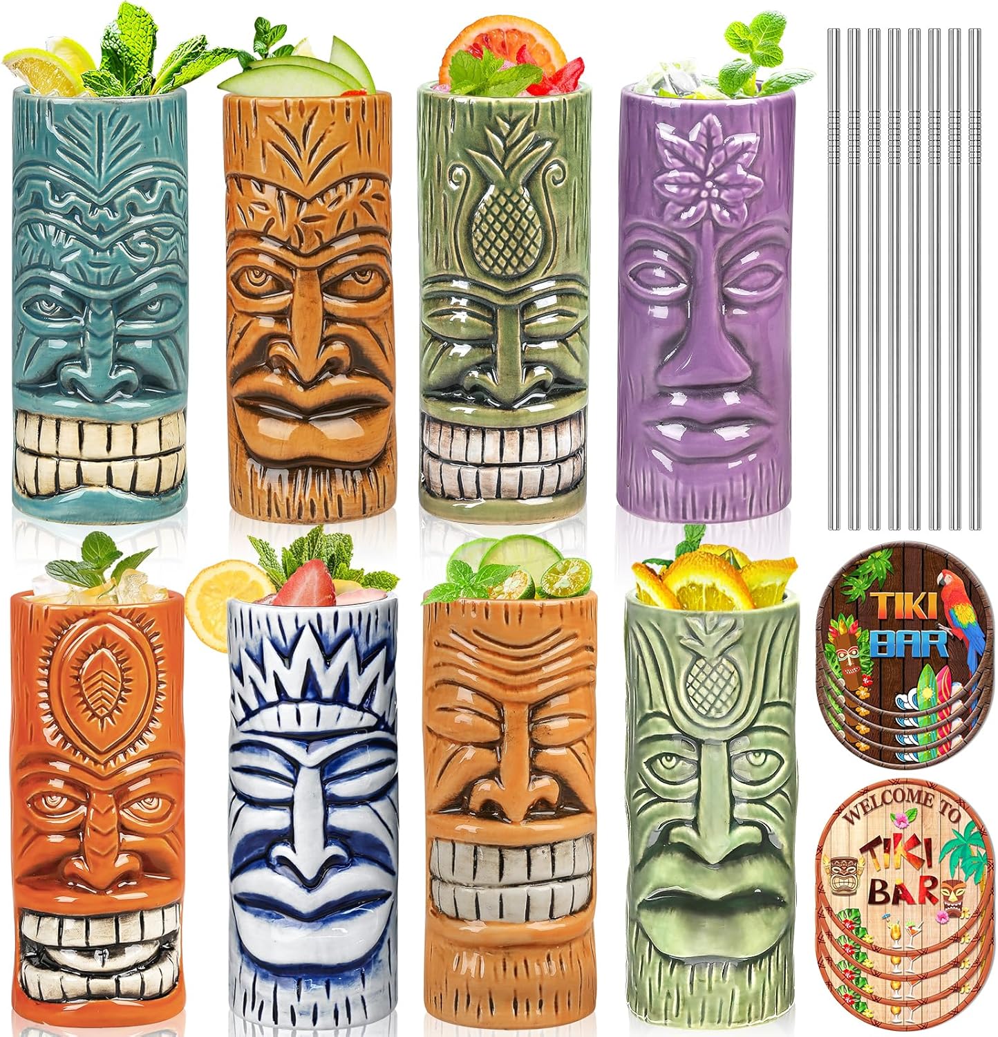 Tiki Mugs Set of 8 - Ceramic Tiki Glasses with Tiki Coaster, Unique Cocktail Glass, Bar Professional HawaiianTiki Mug and Halloween Christmas Party Barware