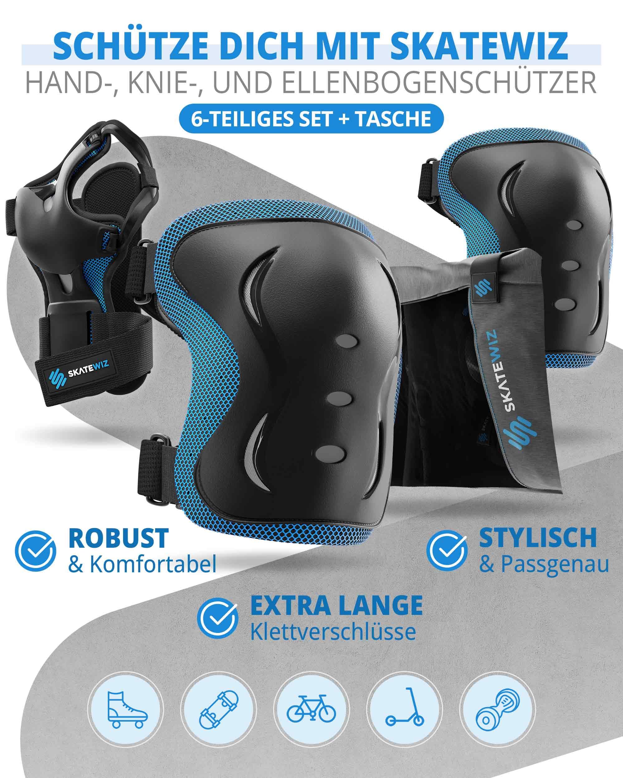 SKATEWIZ Skate Protektoren Set - Für Kinder, Jugendliche und Erwachsene von Deutschem Hersteller [6er] mit Knieschoner, Ellenbogenschoner und Handgelenkschoner