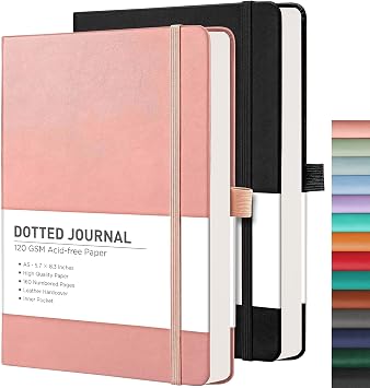 RETTACY Dotted Journal Notebook, 2-Pack, 160 Numbered Pages per Pack, A5 Medium Size 5.7 x 8.3, 120 GSM Thick Paper, Leather Hardcover, for Journaling, Planning, Tracking Black & Pink