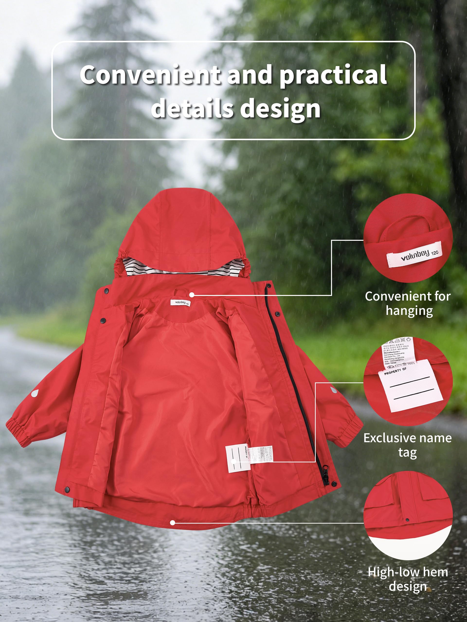 Volunboy Veste de Pluie Imperméable pour Enfants, Coupe-Vent Léger à Capuche Amovible, Bandes Réfléchissantes, Fille & Garçon 2-6 Ans