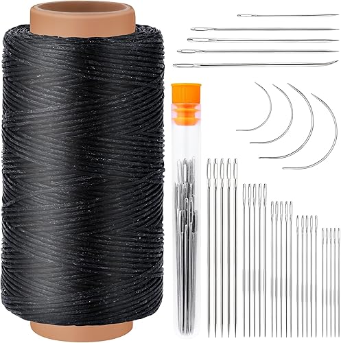 Miniatura 1 de Tikjiua Hilo encerado, hilo de coser de cuero de 492 pies con agujas de coser para reparación de tapicería, agujas curvas, hilo de cuero negro y
