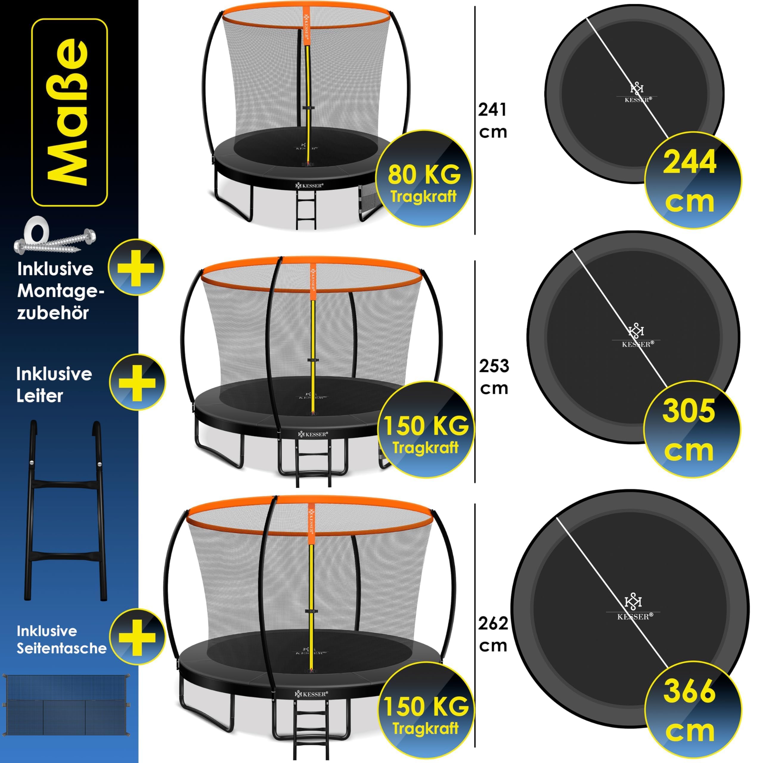 KESSER® Rete di Sicurezza Sostitutiva per Trampolino Rete per Trampolino Resistente ai Raggi UV Protezione per Trampolino Ø 244 305 366 427 cm | Porta d'ingresso con Zip