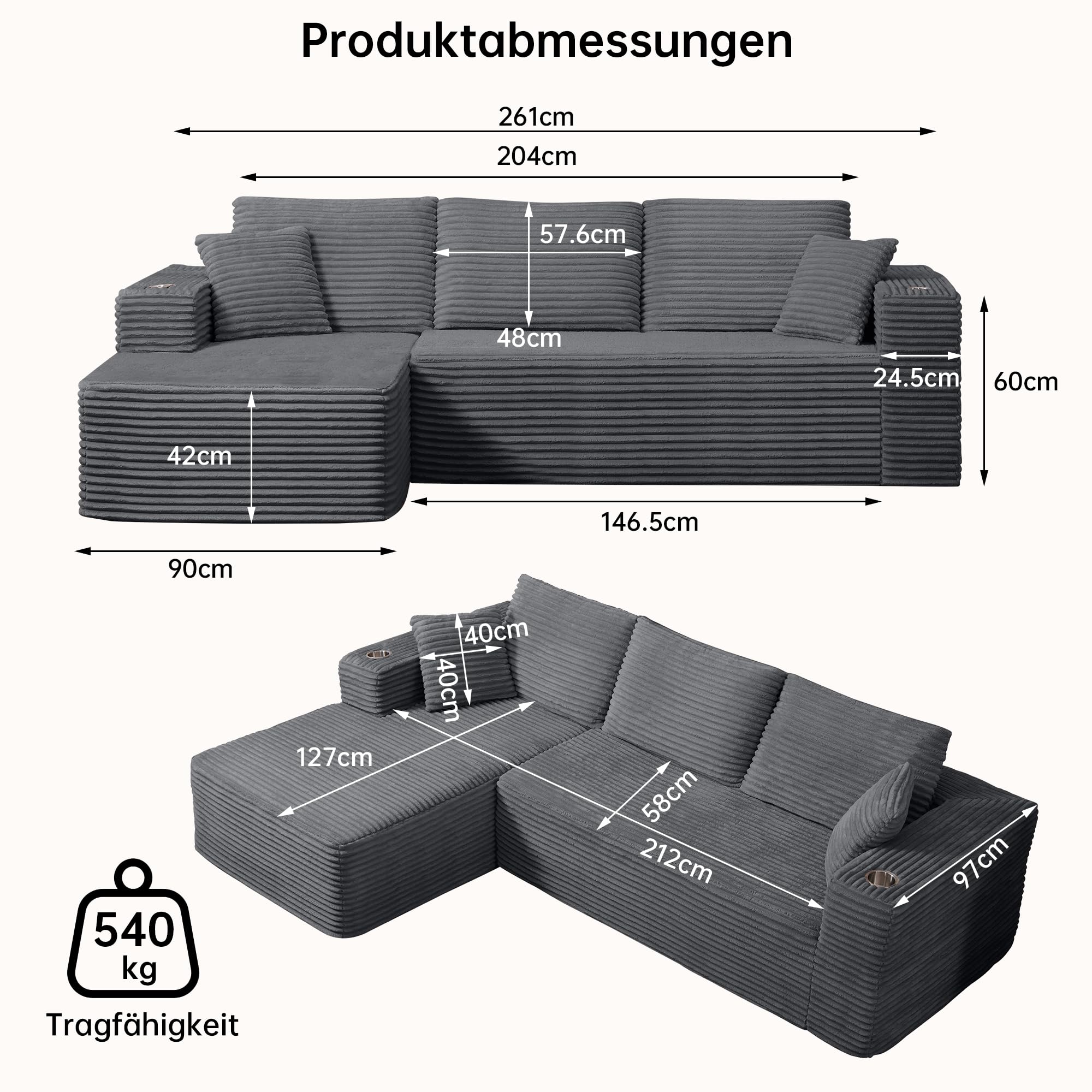 Sofá Esquinero, Sofa 3 Plazas con Chaise Longue, 102 inch/261cm Sofá de Pana Afelpado con Asiento Profundo Deshuesado, Sofá Modular Forma L Sofá de Corduroy para Salón, Gris Oscuro