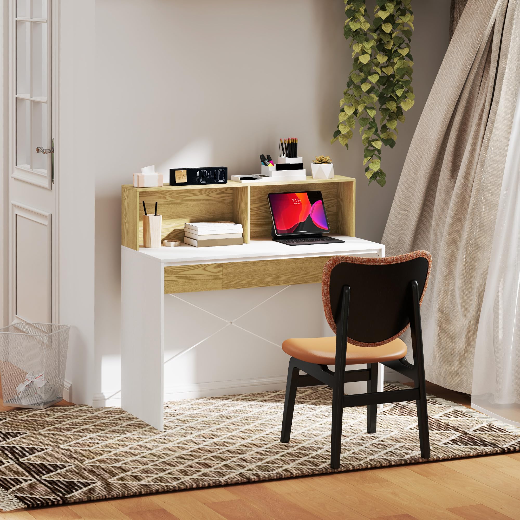 HOMCOM Escritorio con Estante, 110x50x102,6 cm Blanco y Madera Natural