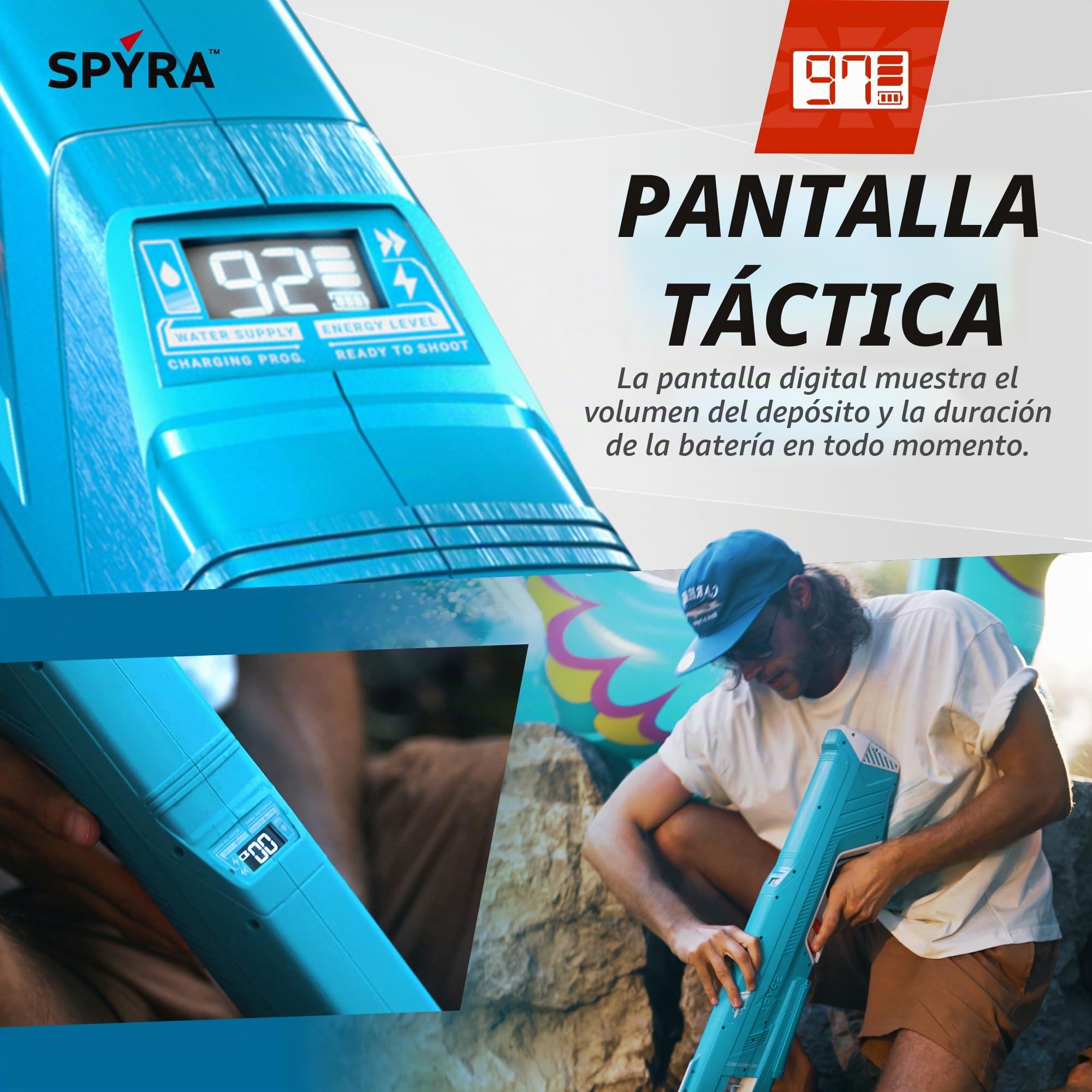 SpyraThree Potente pistola eléctrica de agua, recarga automática, 3 modos de juego, indicador LED de disparo y batería, alcance de 15 metros (azul)