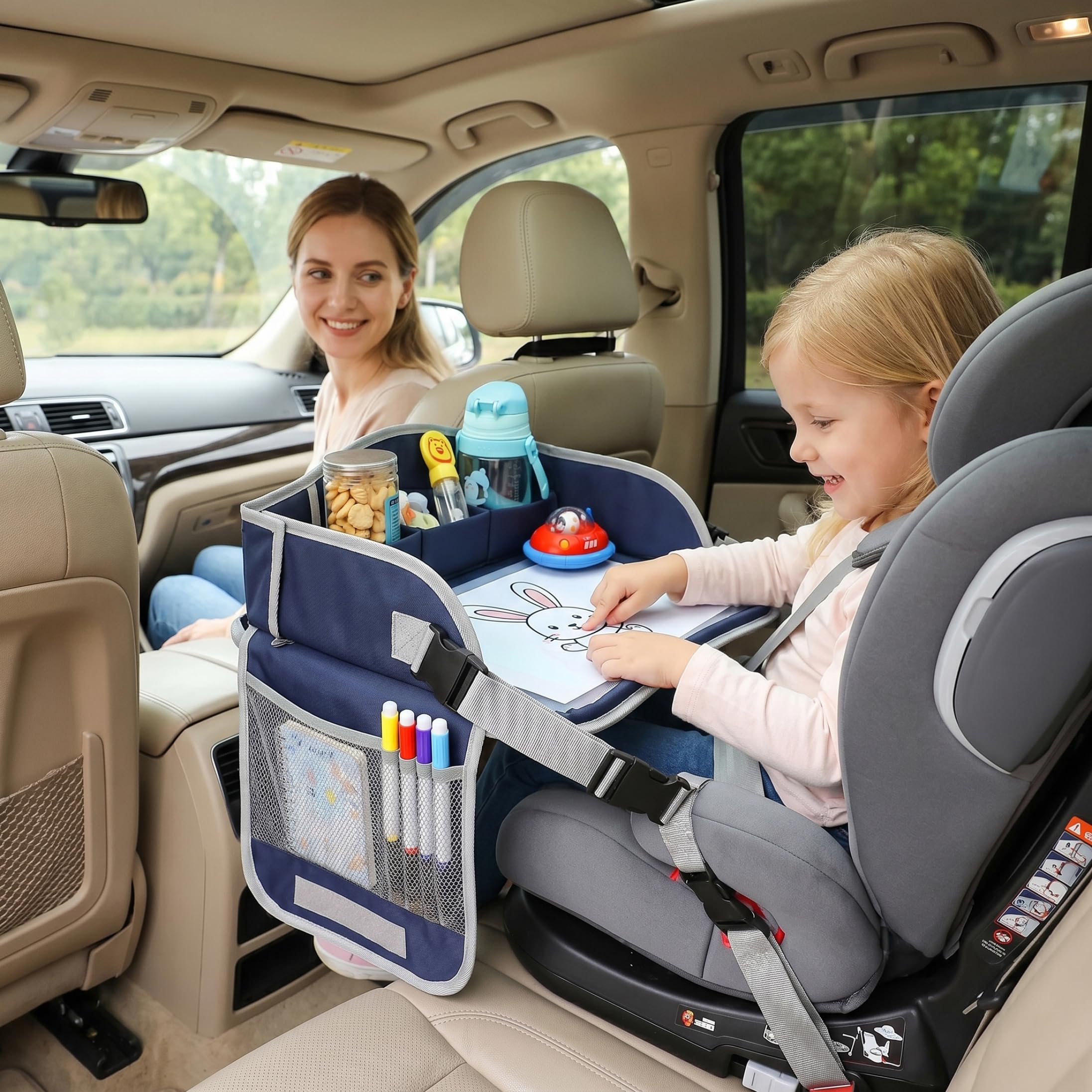Mesa con bandeja para coche para niños, bandeja de viaje ajustable para niños, mesa de tela plegable compatible con pantalla táctil con compartimentos de almacenamiento para uso de y niñ