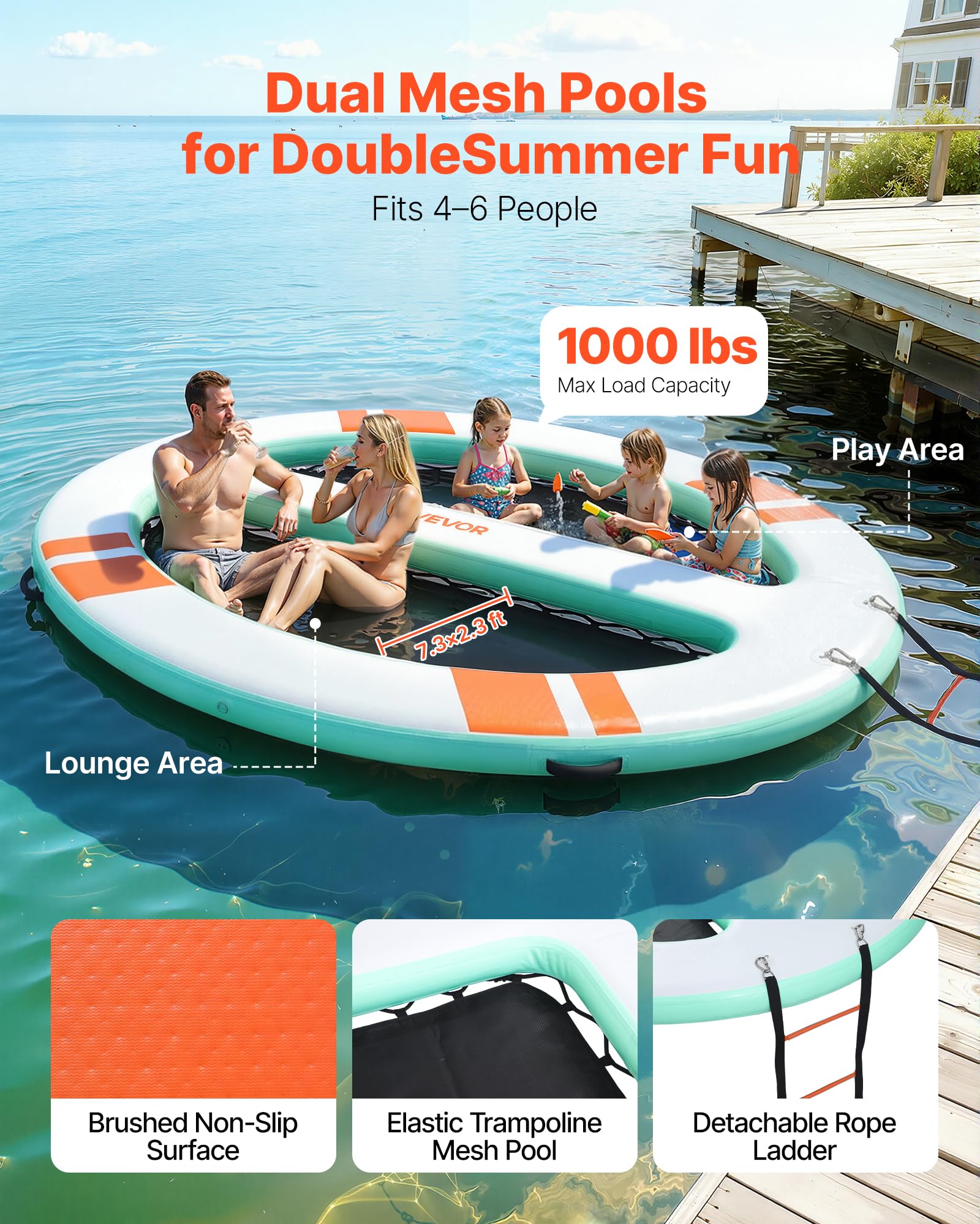 VEVOR Pontile Galleggiante Gonfiabile 3,05 x 2,44 m, Piattaforma Galleggiante per Piscina Spiaggia Mare Feste Sport Acquatici con Tenda Scala Borsa da Trasporto Portatile Scaletta Rimovibile, Blu