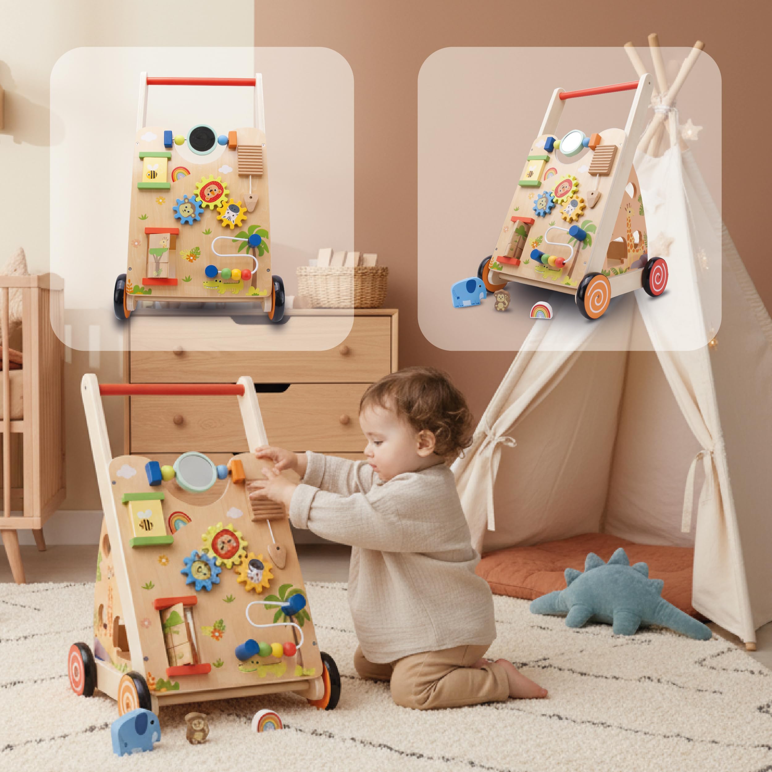 SUN BABY Interactive Baby Push Walker 12-36 Months - Brown | Activity board, interactive toys and stable wheels