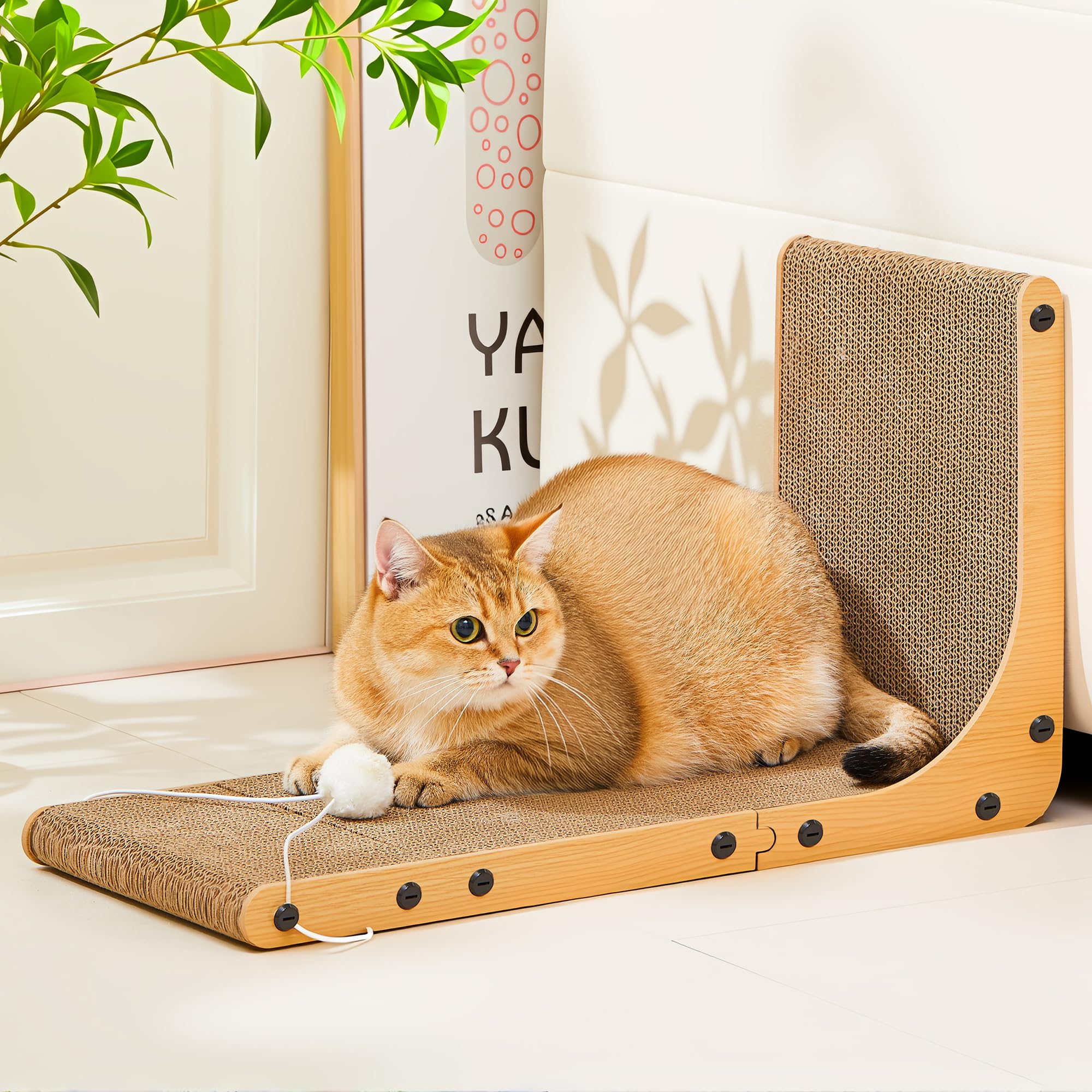 Value 2-Pack 23.6 Inch L-Shaped Cardboard Cat Scratcher, Dual Use (Vert/Horiz) Scratch Pad with Toy Balls, Wall-Mountable Furniture Protector Cat Scratchers for Indoor Cats, Couch & Wall