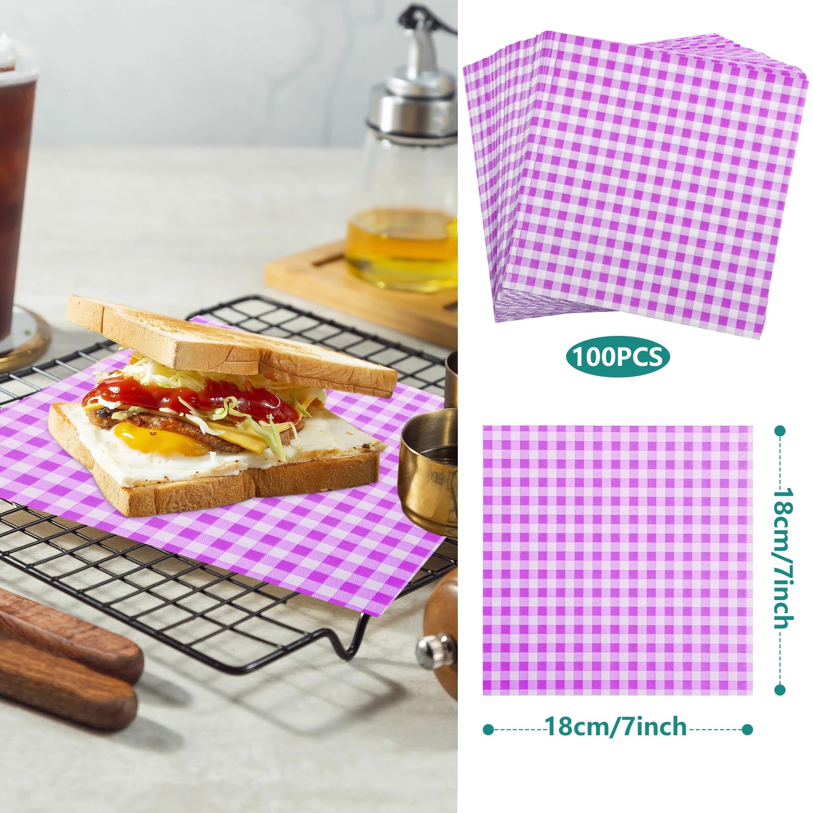 GeeRic Waxed Deli Paper Sheets 7 * 7 Inch, 100 Pcs Food Basket Liners for Sandwiches, Burgers, Checkered Deli Wrap Wax Paper Sheets Purple