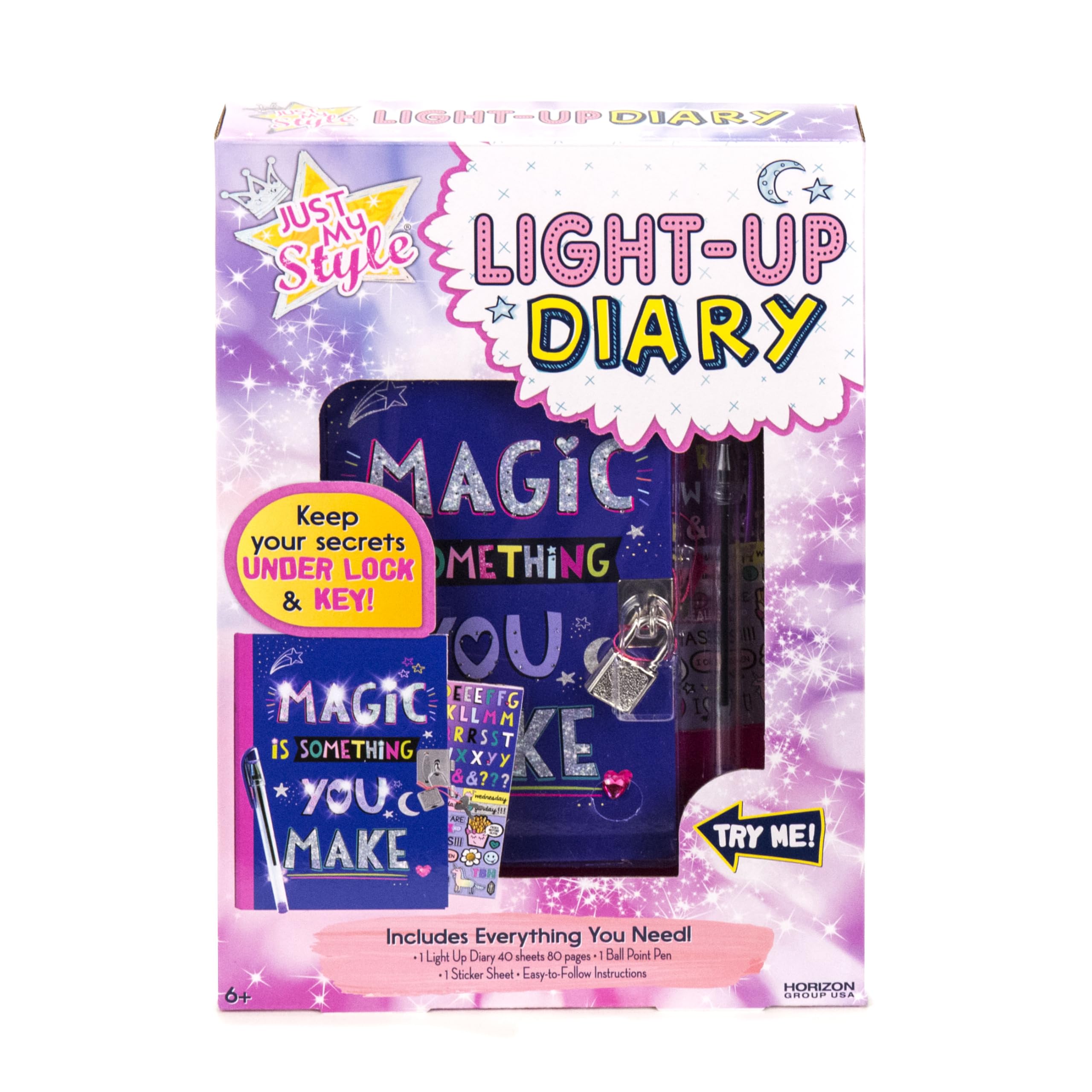 Just My Style Light Up Diary, Personalized Journal With Lock and Key, Great Gift For Girls & Tweens, Perfect for Summer Camp or Sleep-Away Camp, Gel Pen Diary For Kids Ages 6, 7, 8, 9(Packaging May Vary)