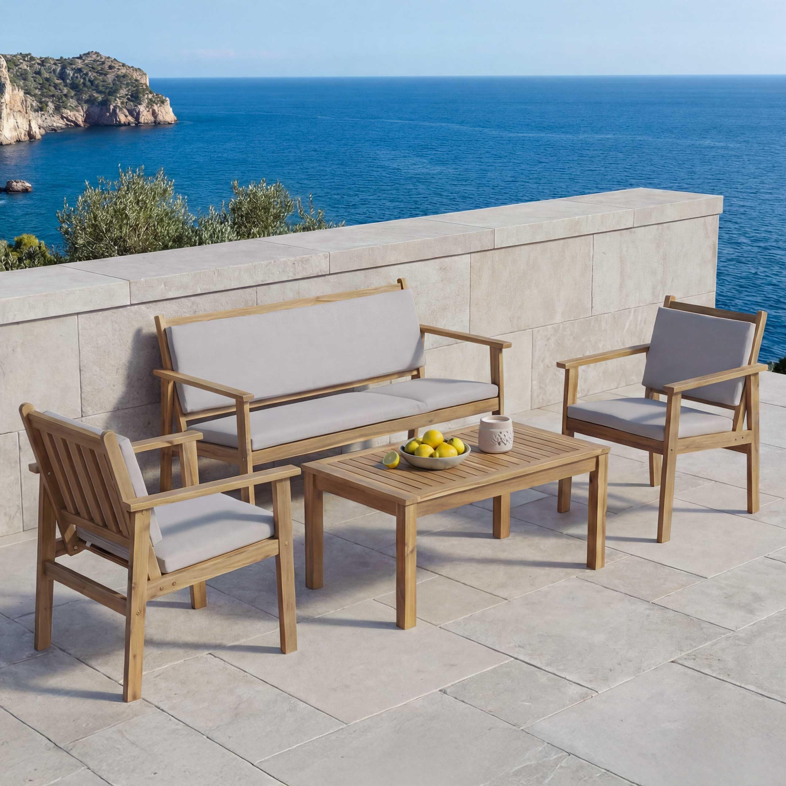 Mendler Set da giardino HWC-O19, salottino panca poltrona tavolo, legno acacia MVG stoffa/tessuto (180g/m²) - cuscini grigio