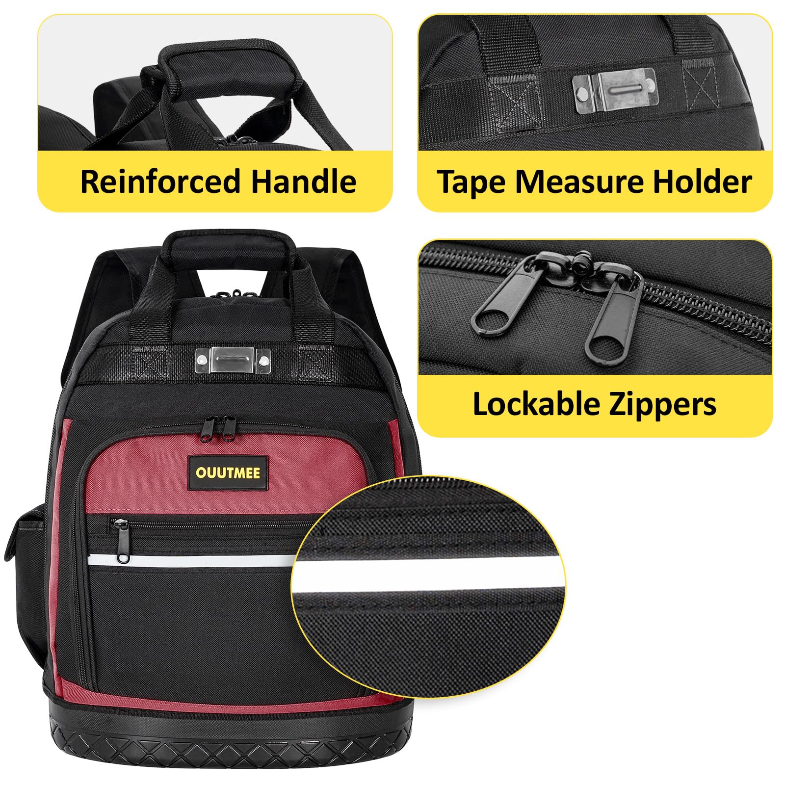 OUUTMEE Sac à dos à outils multi-poches avec base renforcée en ABS | Organiseur d'outils robuste avec bretelles rembourrées et sangles de taille | Équipement de rangement d'outils pour électriciens et